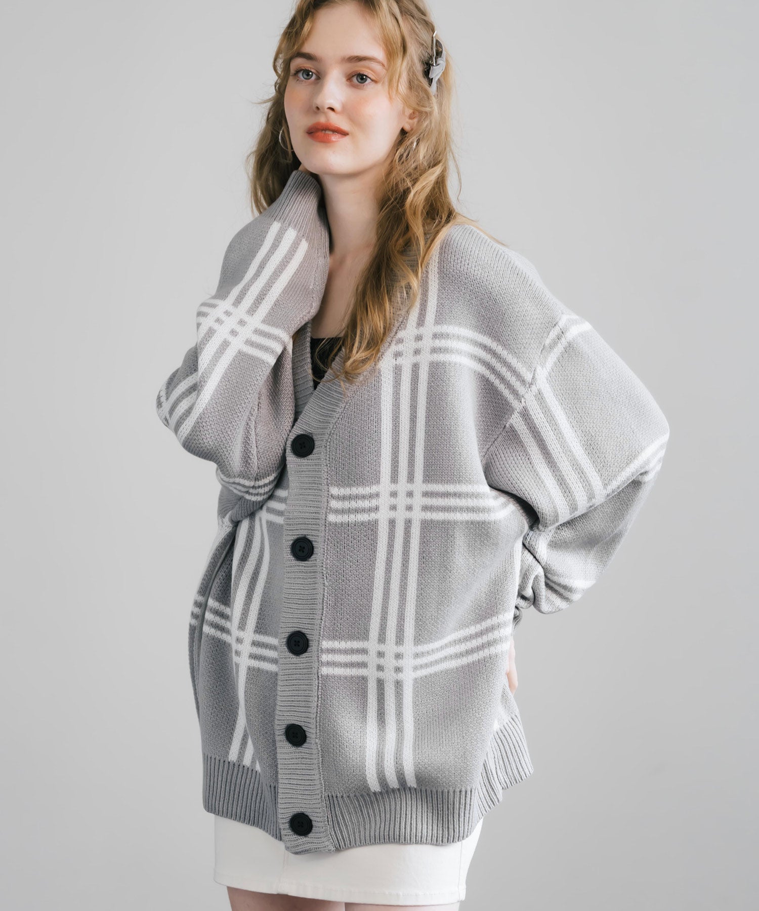 オーバーサイズ 総柄Vネックニットカーディガン アーガイル柄/チェック柄 11618