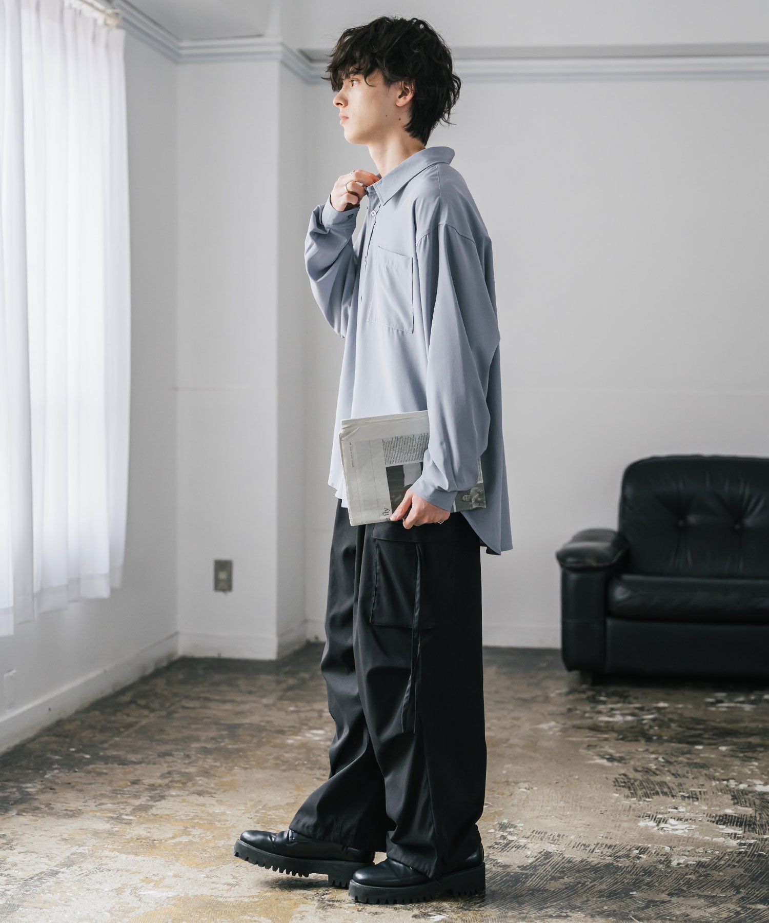 新色追加 オーバーサイズ レギュラーカラーストレッチ長袖シャツ 11915