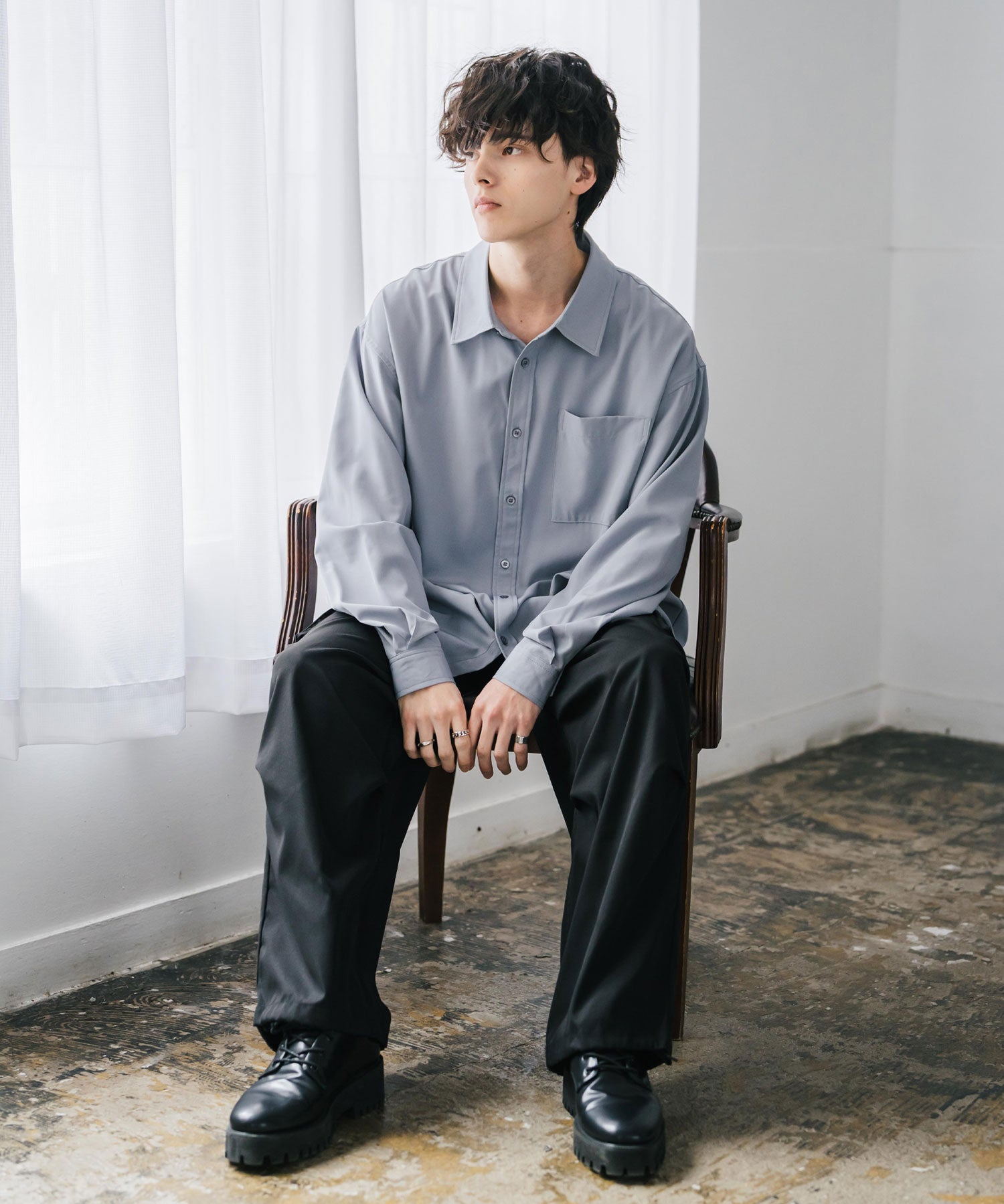 新色追加 オーバーサイズ レギュラーカラーストレッチ長袖シャツ 11915