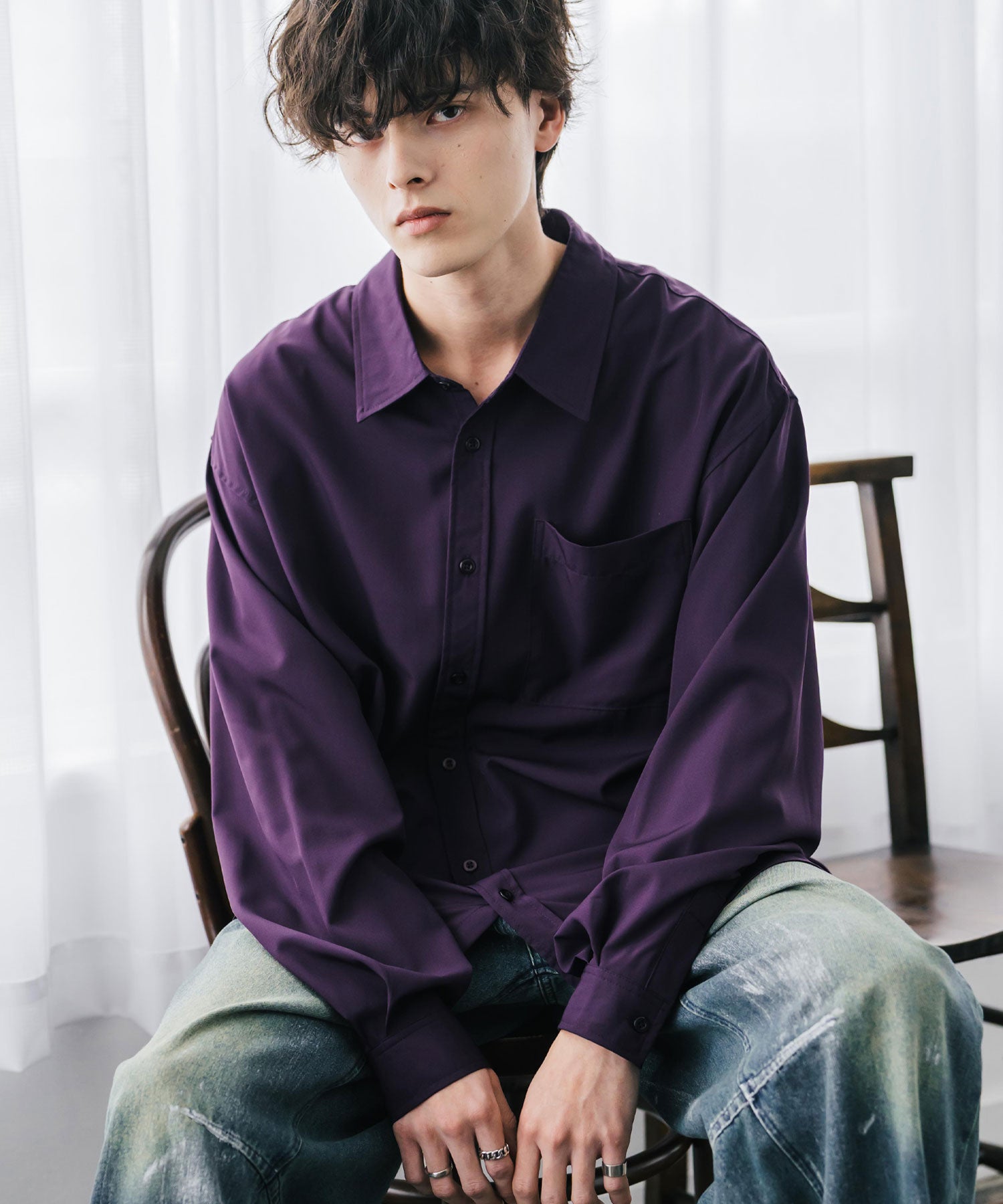 新色追加 オーバーサイズ レギュラーカラーストレッチ長袖シャツ 11915