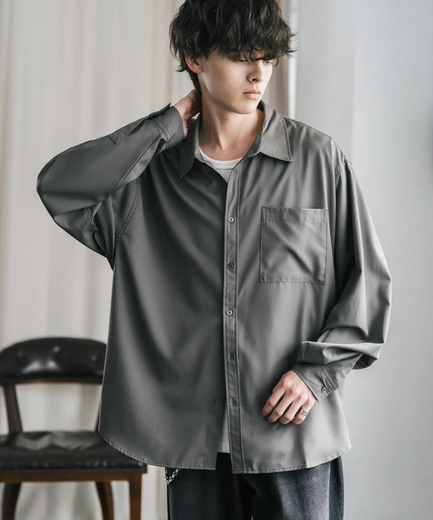 新色追加 オーバーサイズ レギュラーカラーストレッチ長袖シャツ 11915