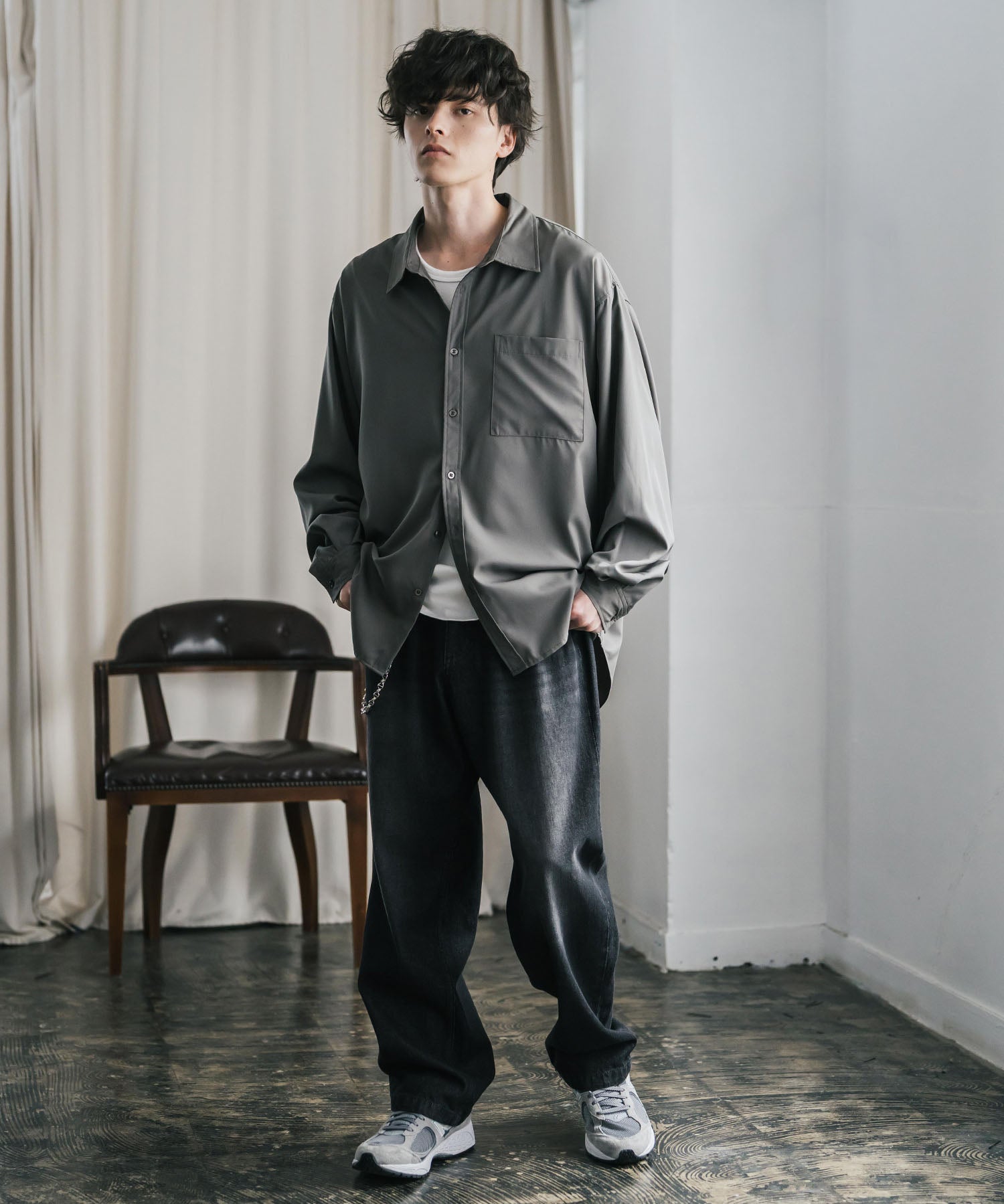 新色追加 オーバーサイズ レギュラーカラーストレッチ長袖シャツ 11915