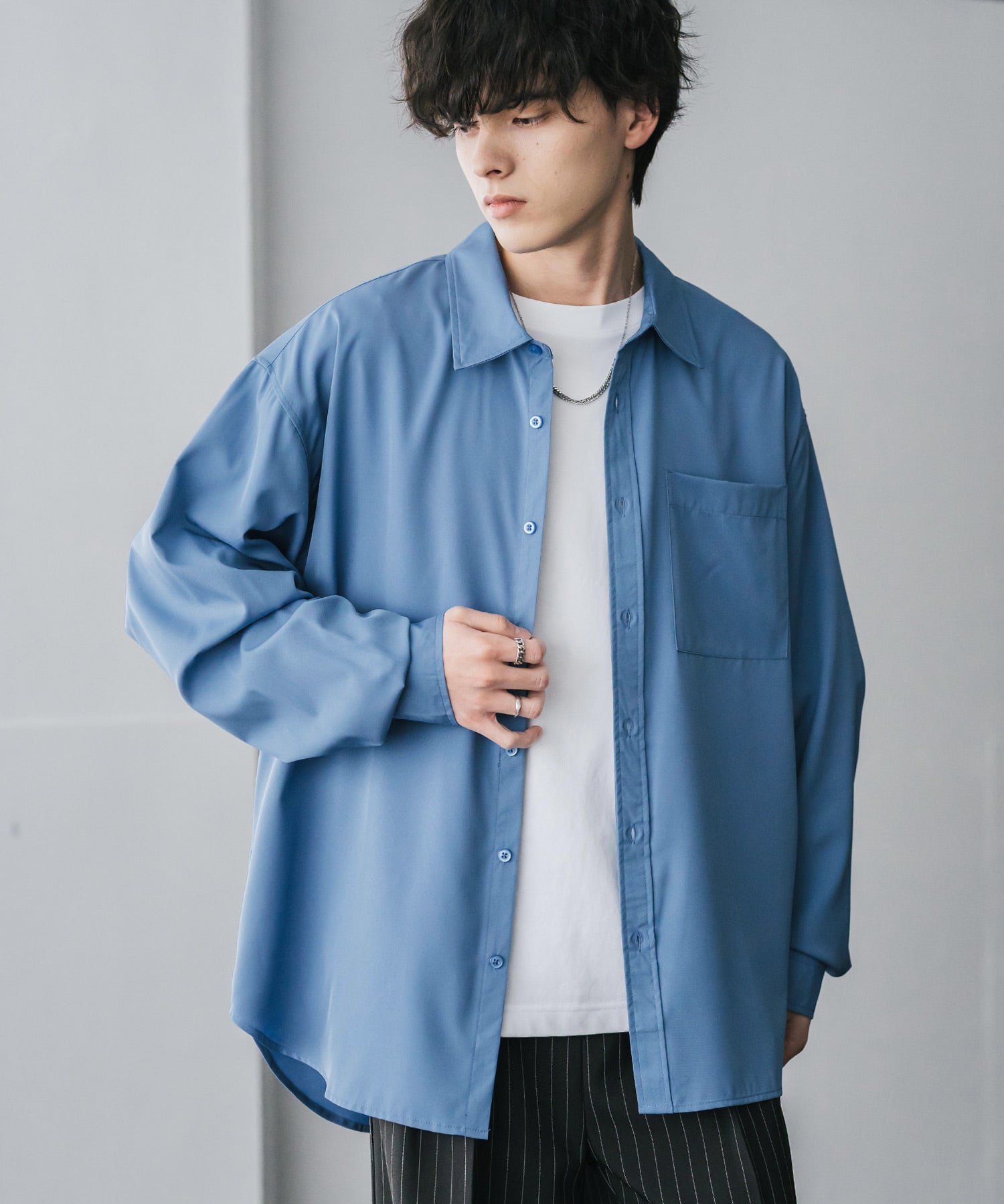 新色追加 オーバーサイズ レギュラーカラーストレッチ長袖シャツ 11915