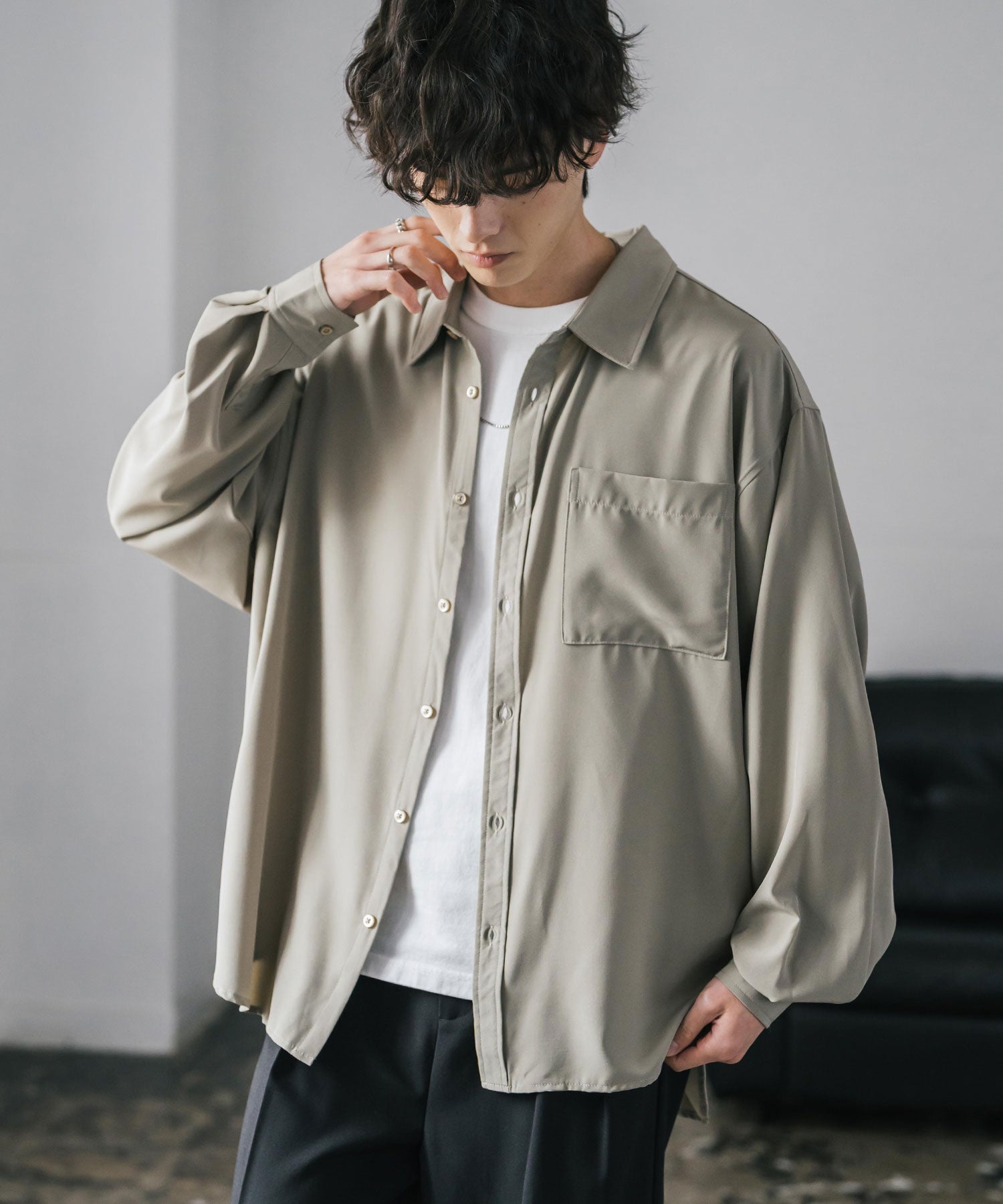 新色追加 オーバーサイズ レギュラーカラーストレッチ長袖シャツ 11915