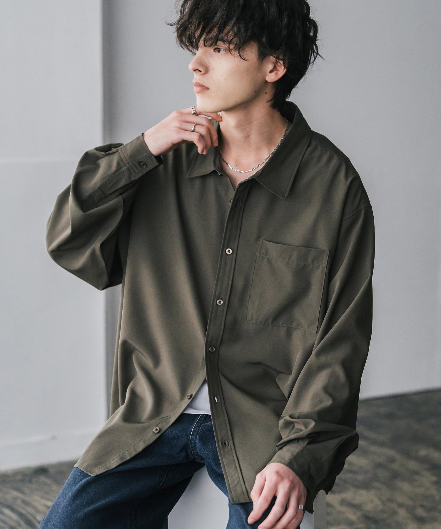 新色追加 オーバーサイズ レギュラーカラーストレッチ長袖シャツ 11915