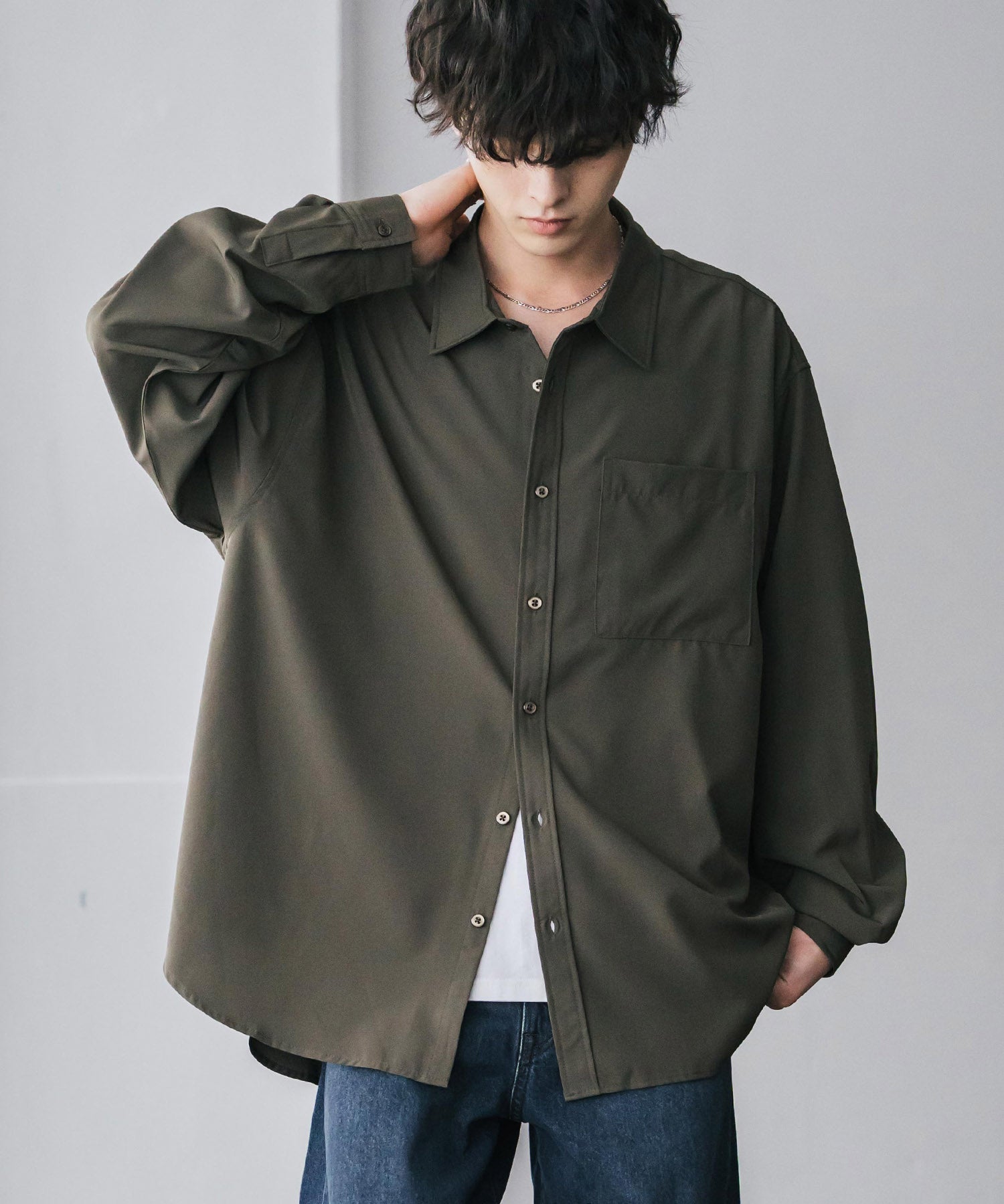 新色追加 オーバーサイズ レギュラーカラーストレッチ長袖シャツ 11915