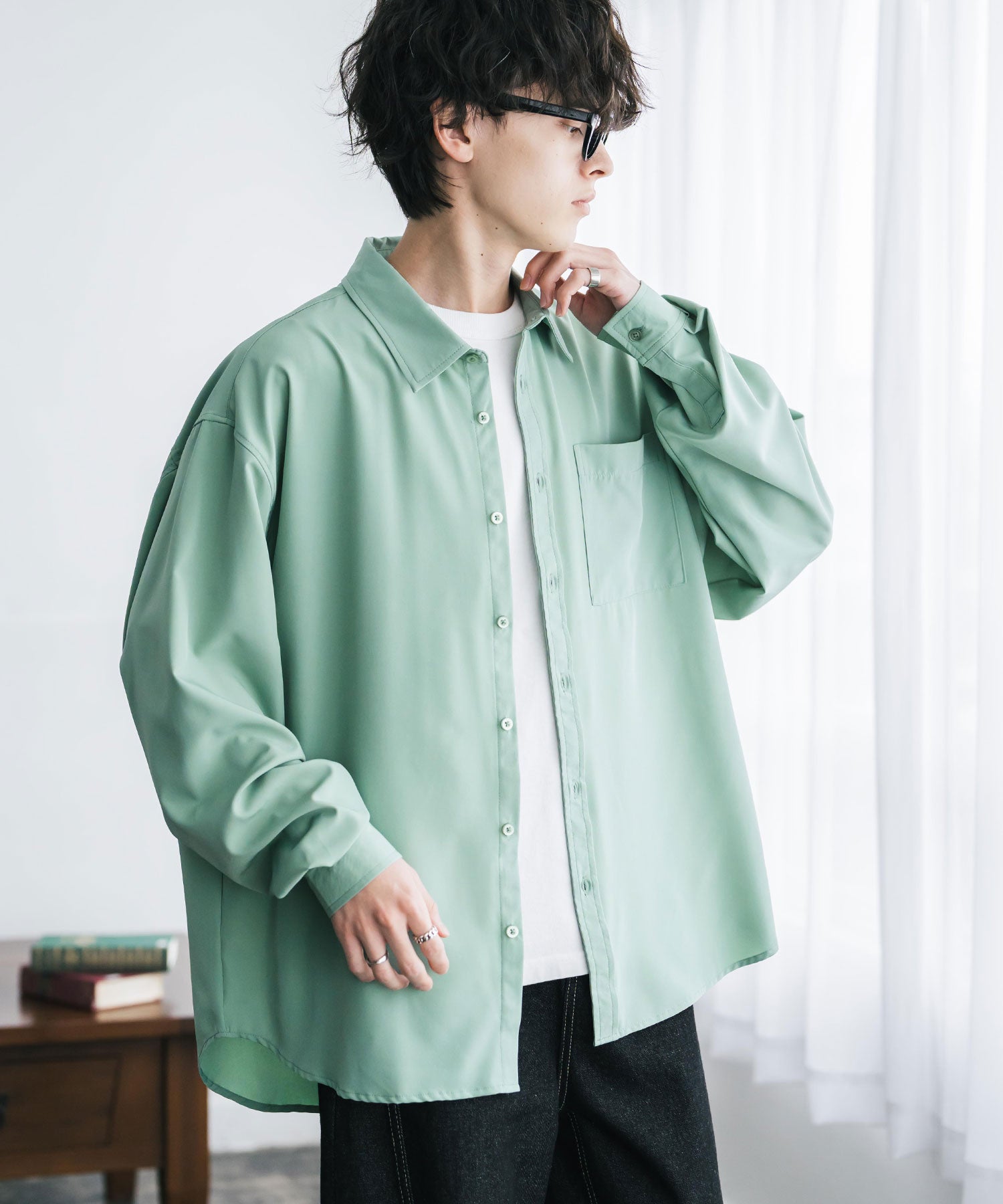 新色追加 オーバーサイズ レギュラーカラーストレッチ長袖シャツ 11915