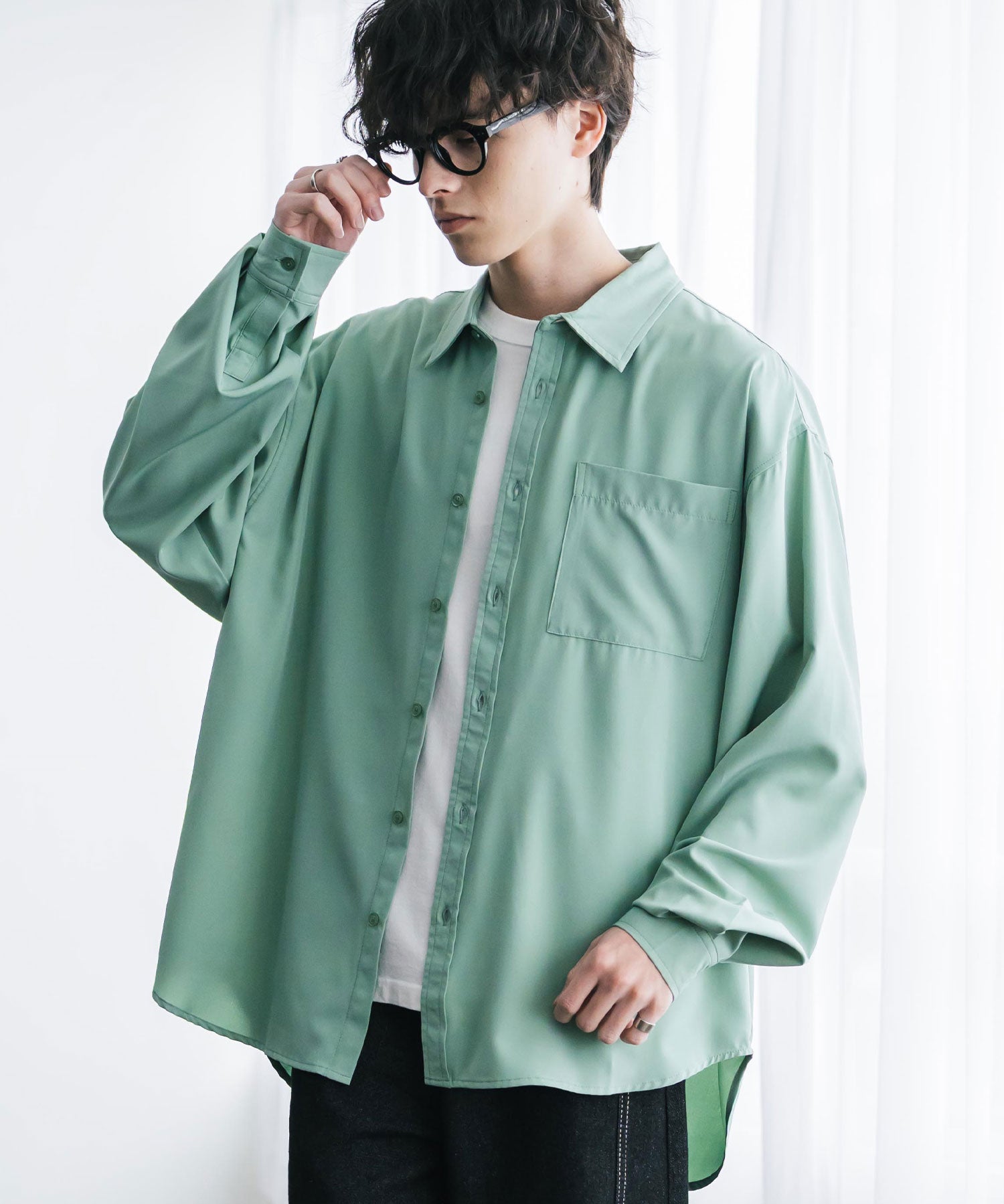 新色追加 オーバーサイズ レギュラーカラーストレッチ長袖シャツ 11915