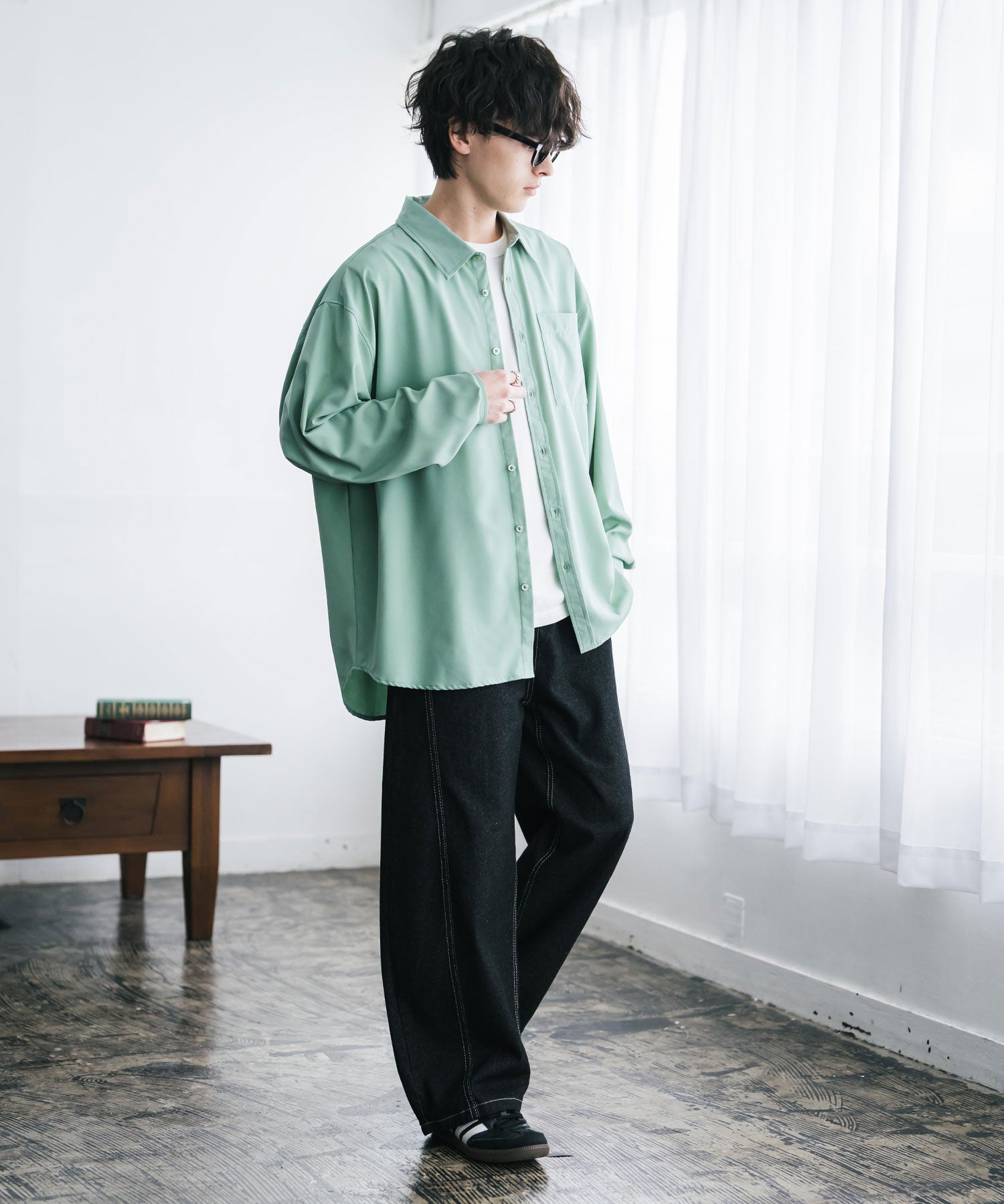 新色追加 オーバーサイズ レギュラーカラーストレッチ長袖シャツ 11915