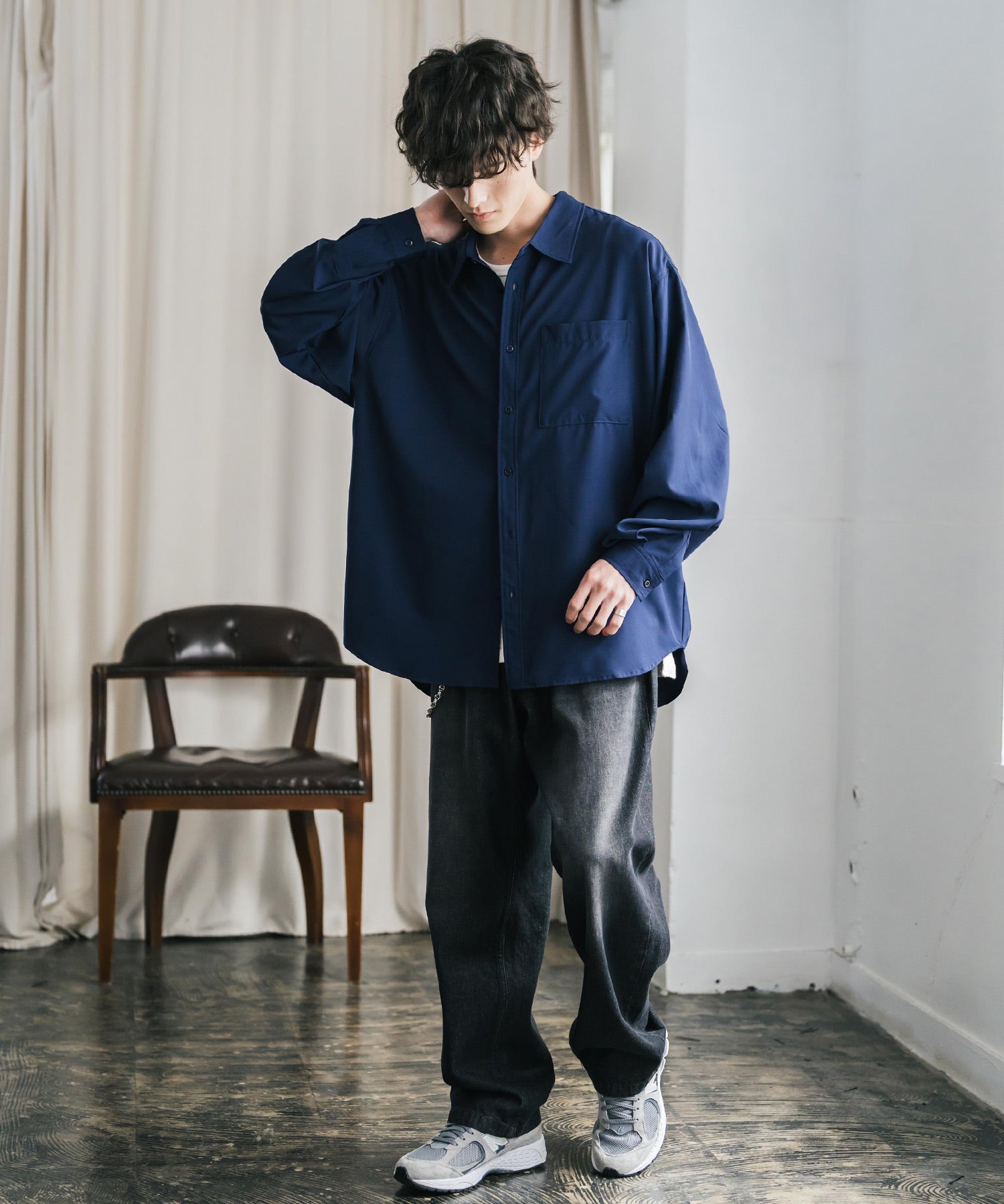 新色追加 オーバーサイズ レギュラーカラーストレッチ長袖シャツ 11915