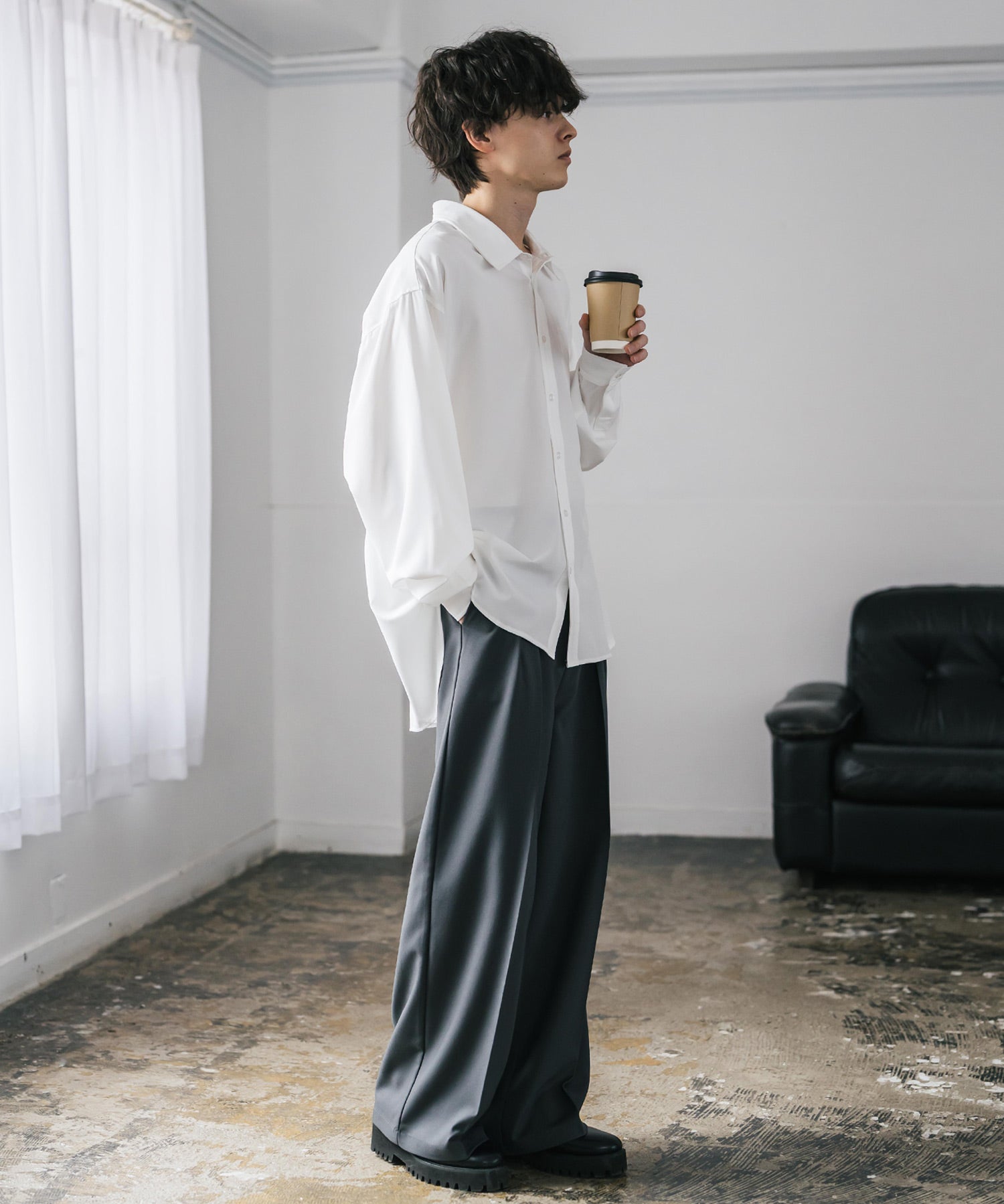 新色追加 オーバーサイズ レギュラーカラーストレッチ長袖シャツ 11915