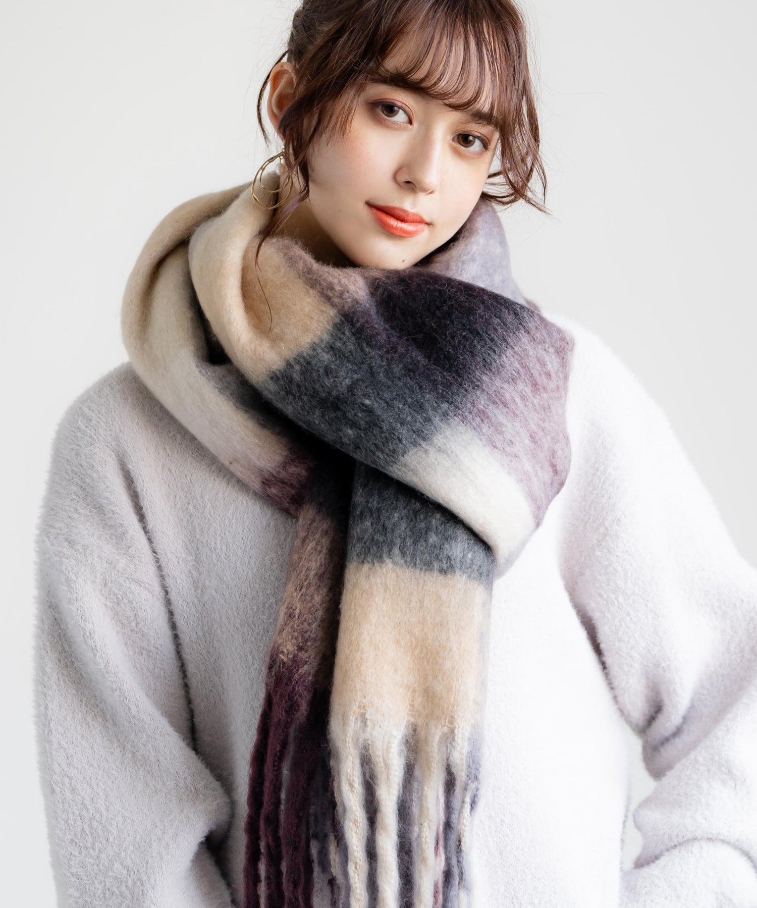 新色追加 モヘアタッチ ボリュームフリンジマフラー 無地/チェック	12999