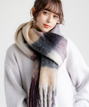 新色追加 モヘアタッチ ボリュームフリンジマフラー 無地/チェック	12999