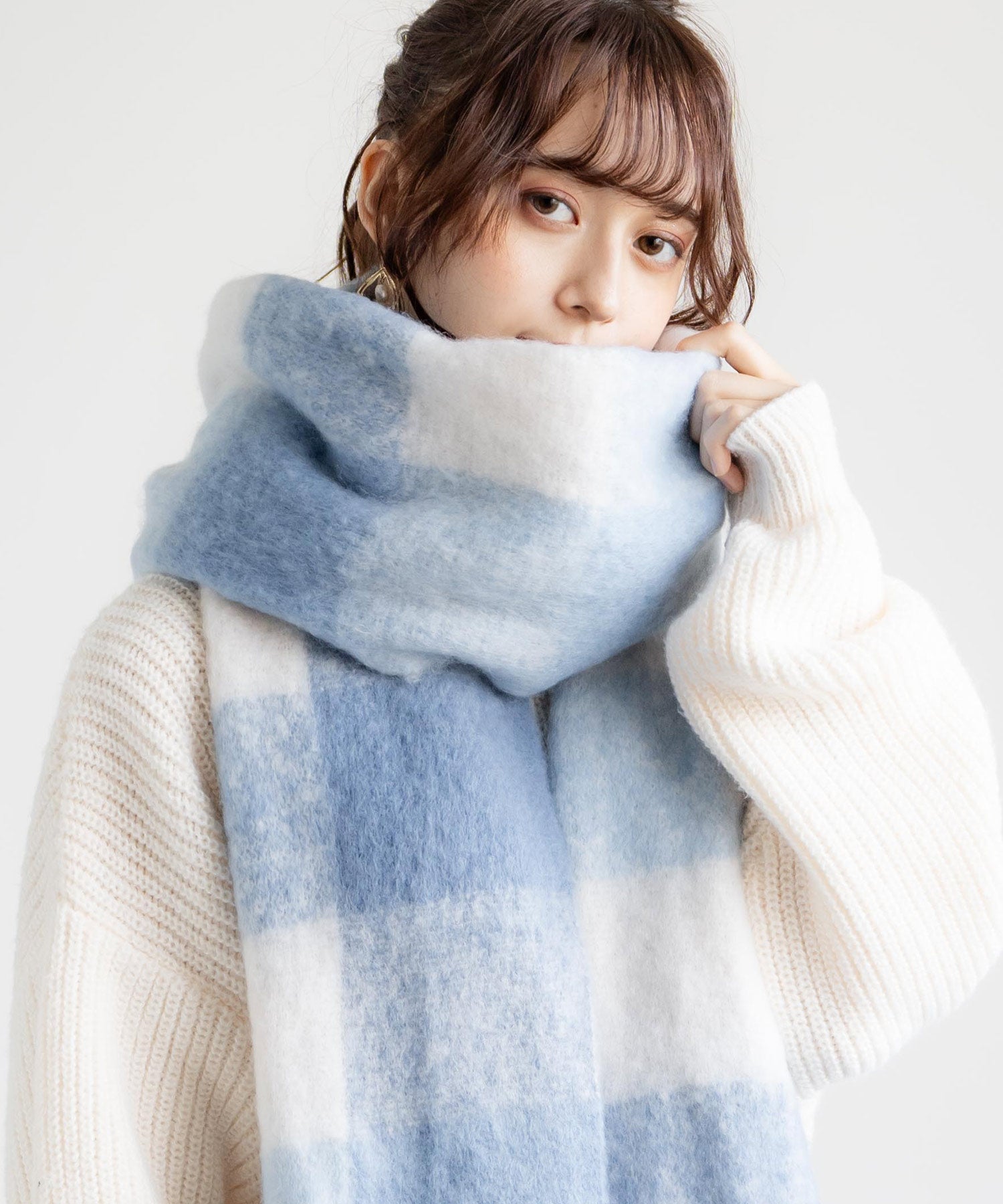 新色追加 モヘアタッチ ボリュームフリンジマフラー 無地/チェック