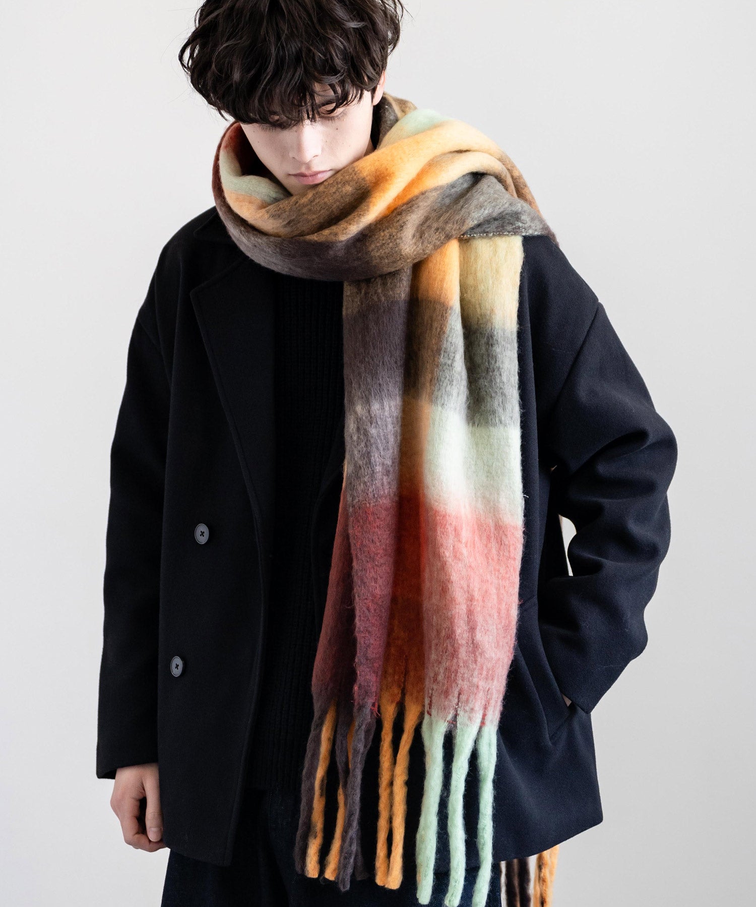 新色追加 モヘアタッチ ボリュームフリンジマフラー 無地/チェック	12999