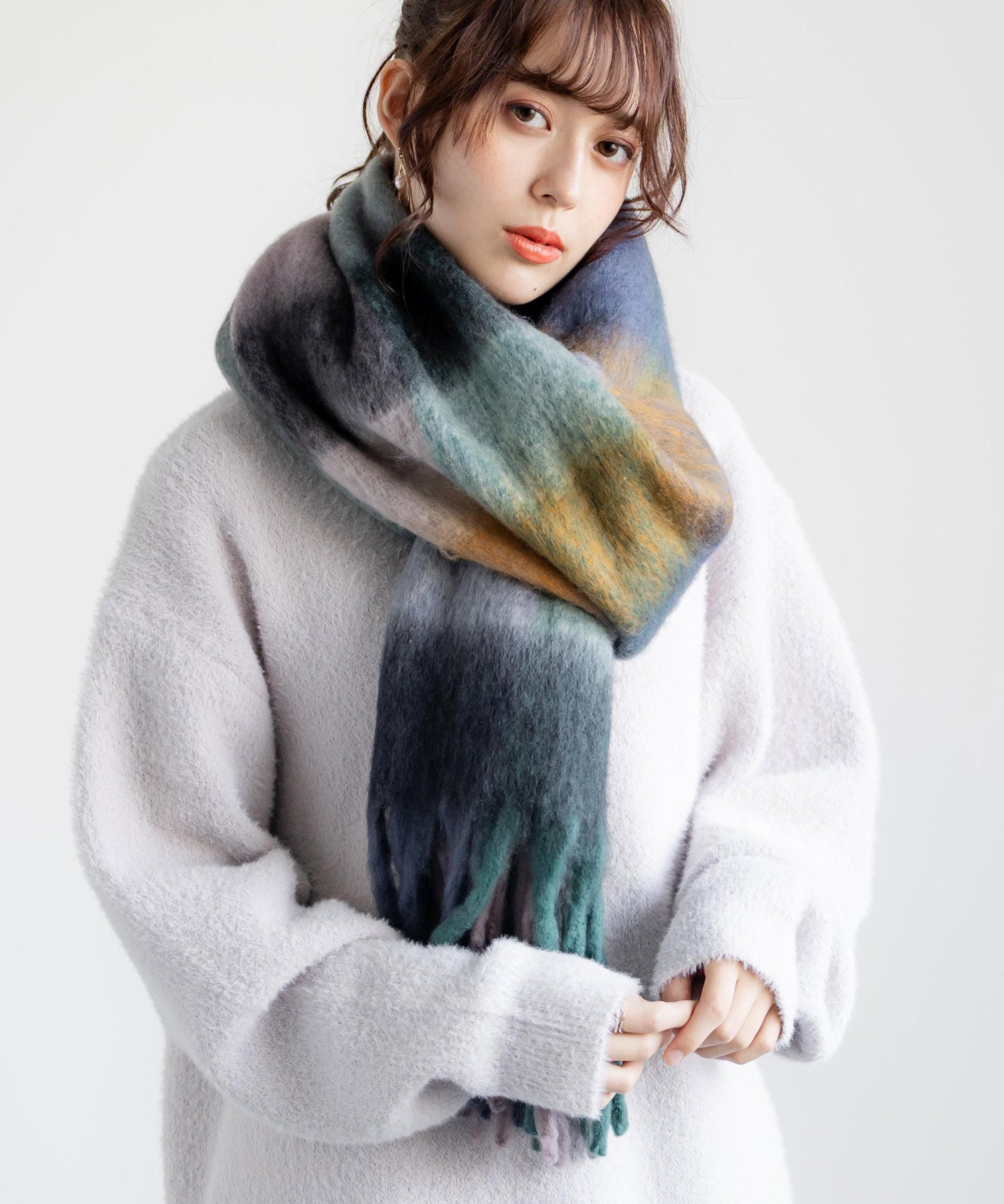 新色追加 モヘアタッチ ボリュームフリンジマフラー 無地/チェック	12999
