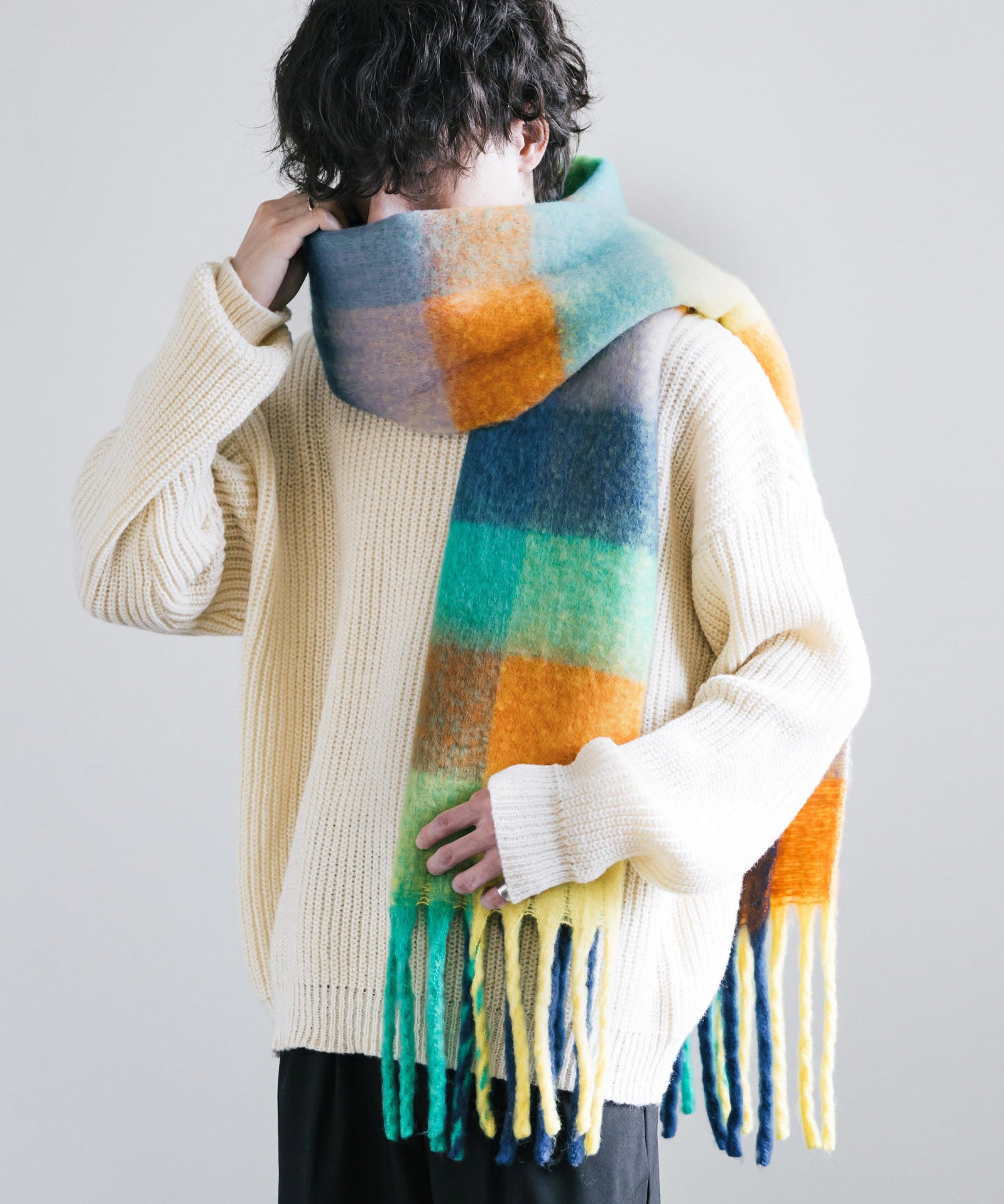 新色追加 モヘアタッチ ボリュームフリンジマフラー 無地/チェック	12999