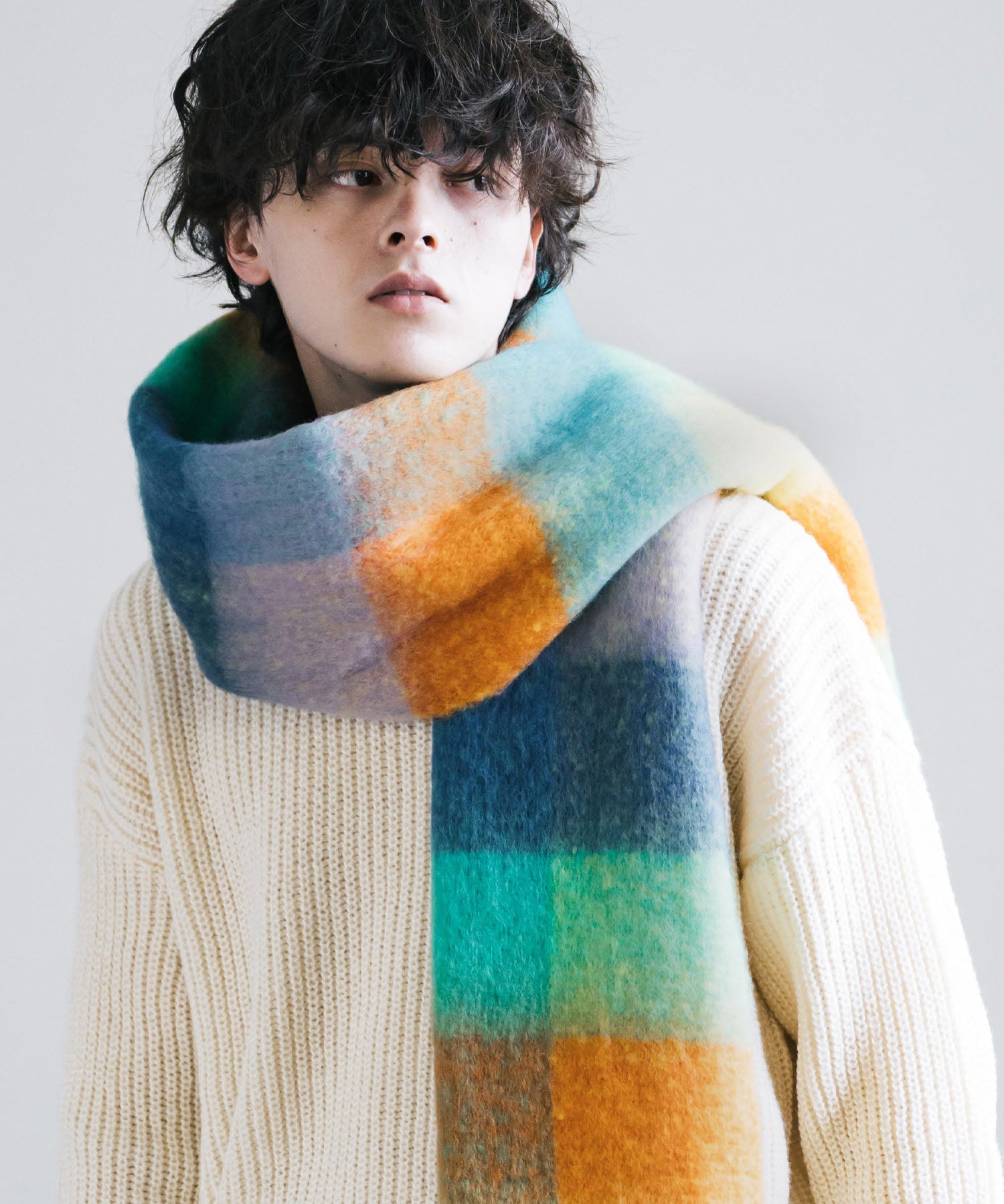 新色追加 モヘアタッチ ボリュームフリンジマフラー 無地/チェック	12999
