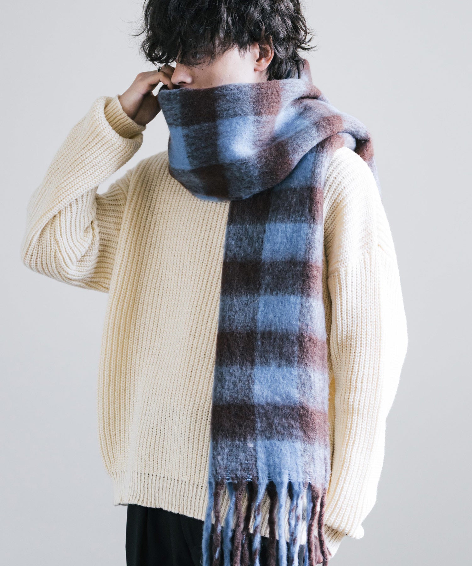 新色追加 モヘアタッチ ボリュームフリンジマフラー 無地/チェック