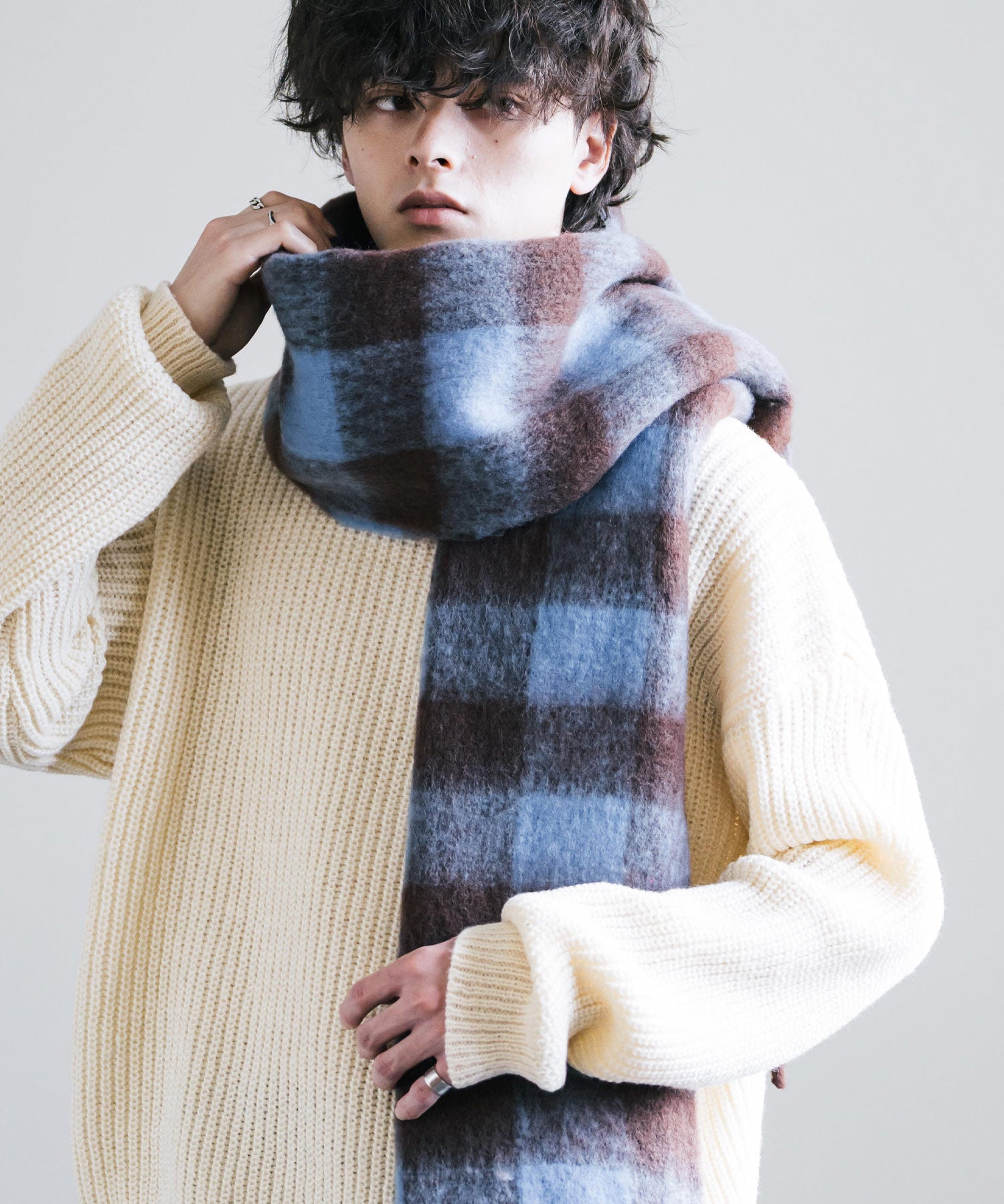 新色追加 モヘアタッチ ボリュームフリンジマフラー 無地/チェック	12999