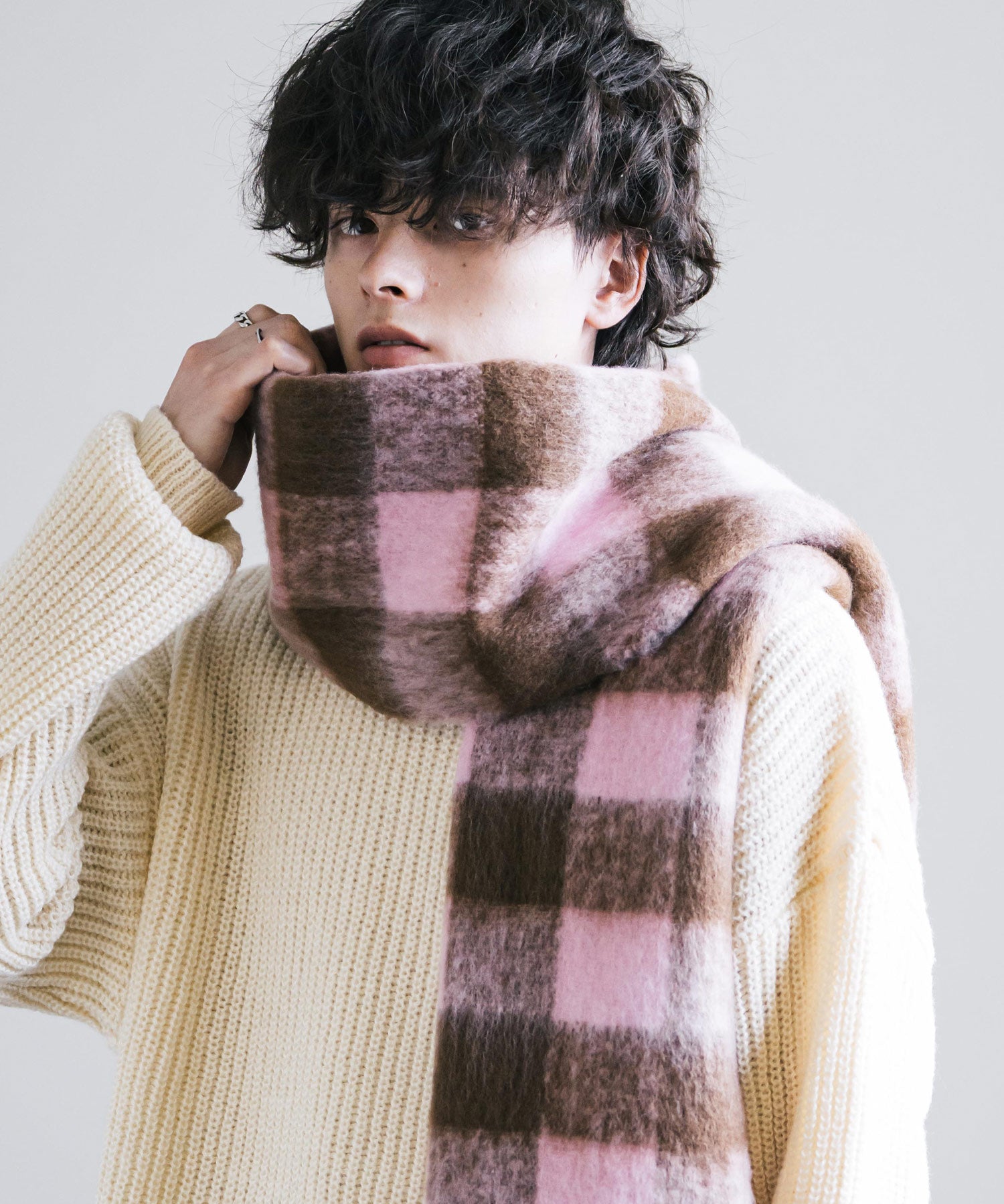 新色追加 モヘアタッチ ボリュームフリンジマフラー 無地/チェック	12999