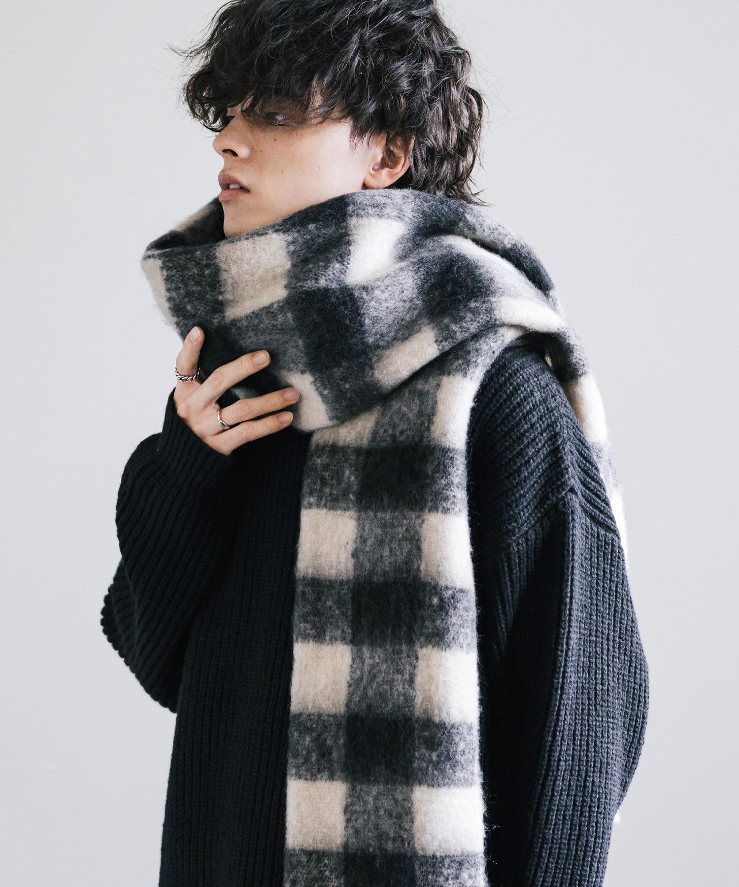 新色追加 モヘアタッチ ボリュームフリンジマフラー 無地/チェック	12999