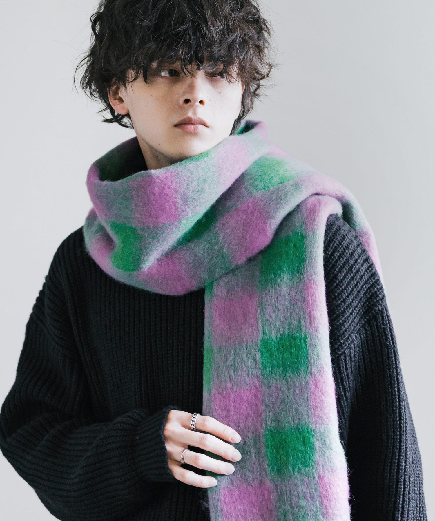 新色追加 モヘアタッチ ボリュームフリンジマフラー 無地/チェック	12999