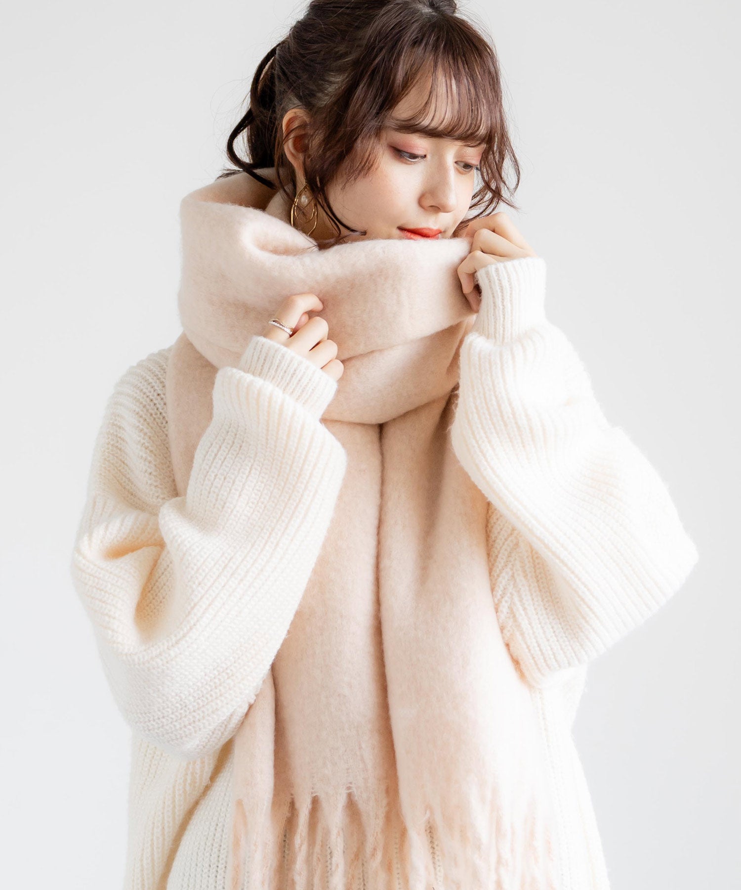 新色追加 モヘアタッチ ボリュームフリンジマフラー 無地/チェック