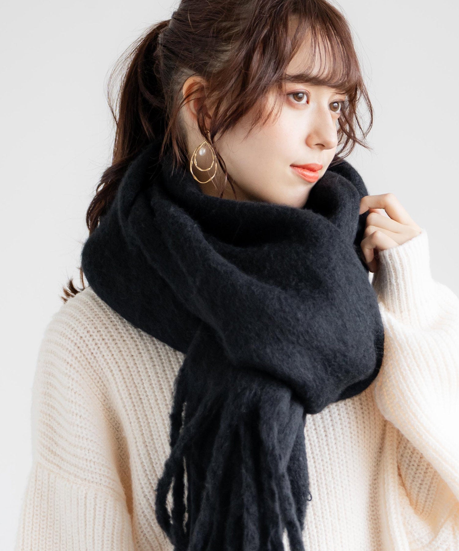 新色追加 モヘアタッチ ボリュームフリンジマフラー 無地/チェック	12999