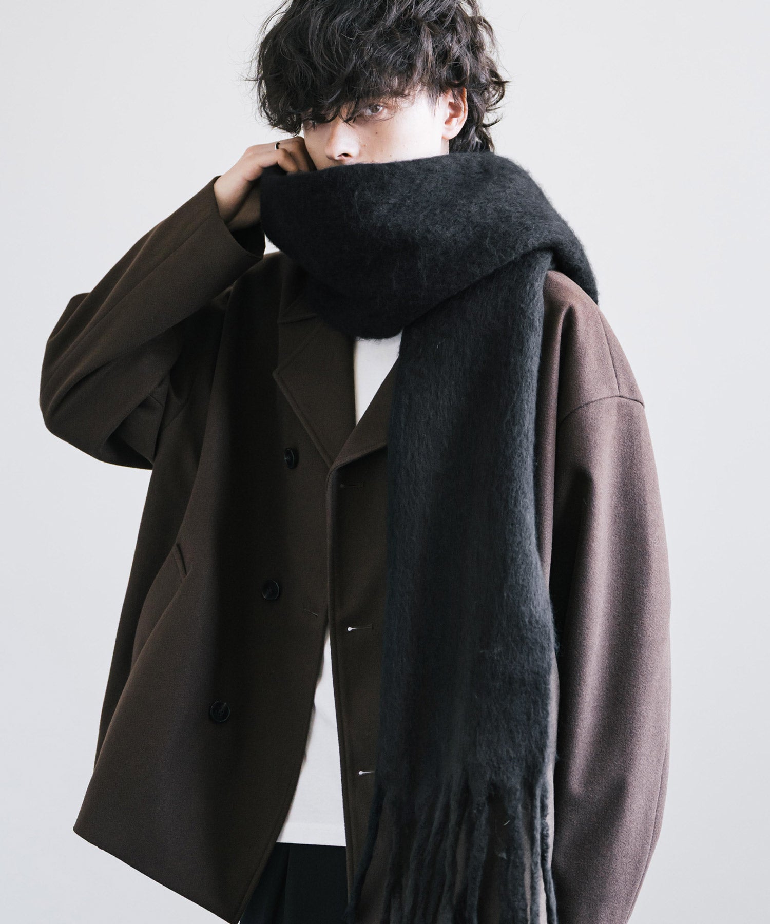 新色追加 モヘアタッチ ボリュームフリンジマフラー 無地/チェック