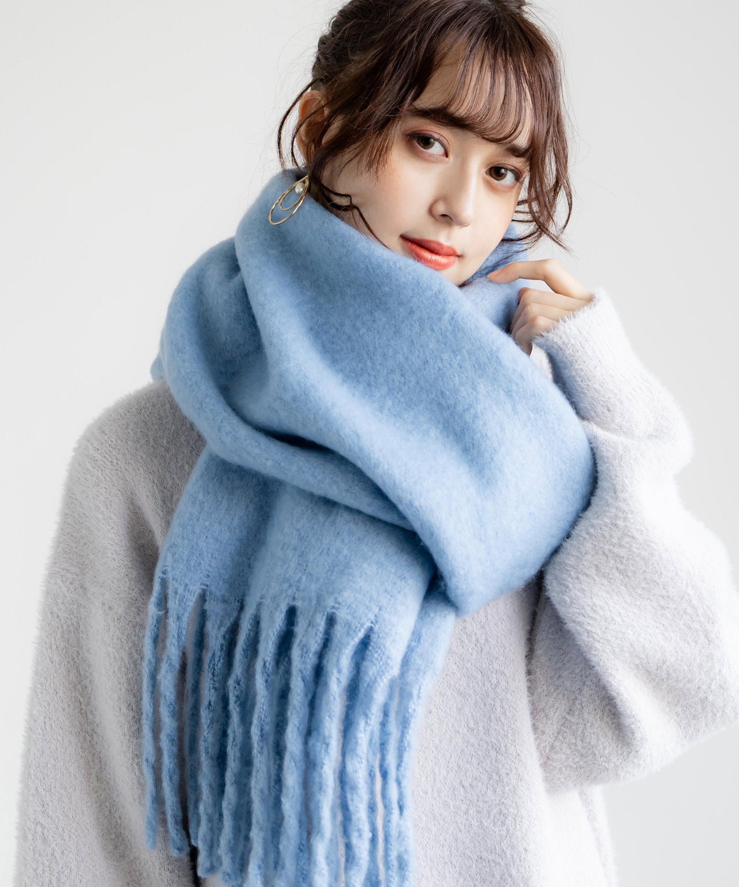 新色追加 モヘアタッチ ボリュームフリンジマフラー 無地/チェック