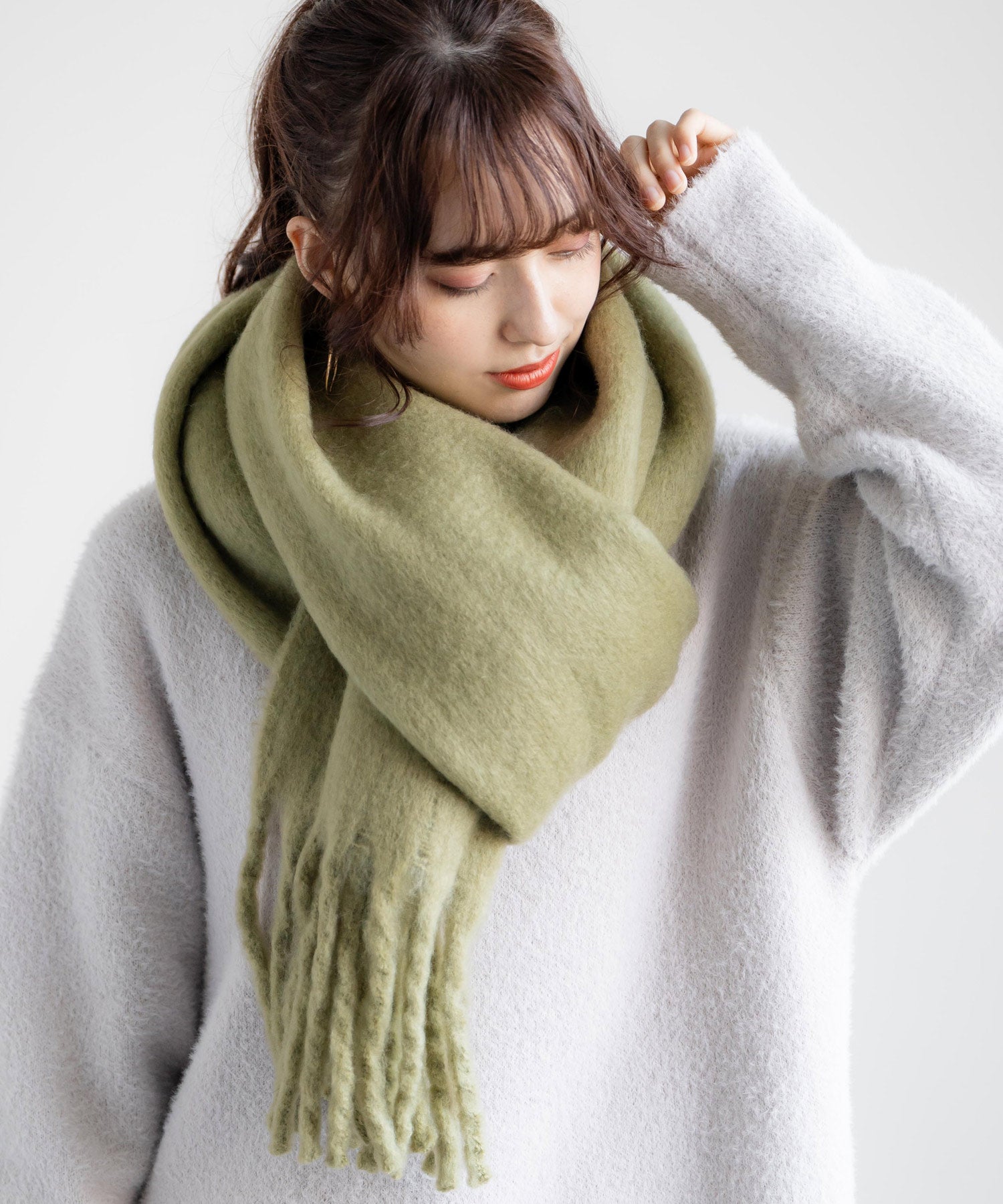 新色追加 モヘアタッチ ボリュームフリンジマフラー 無地/チェック	12999