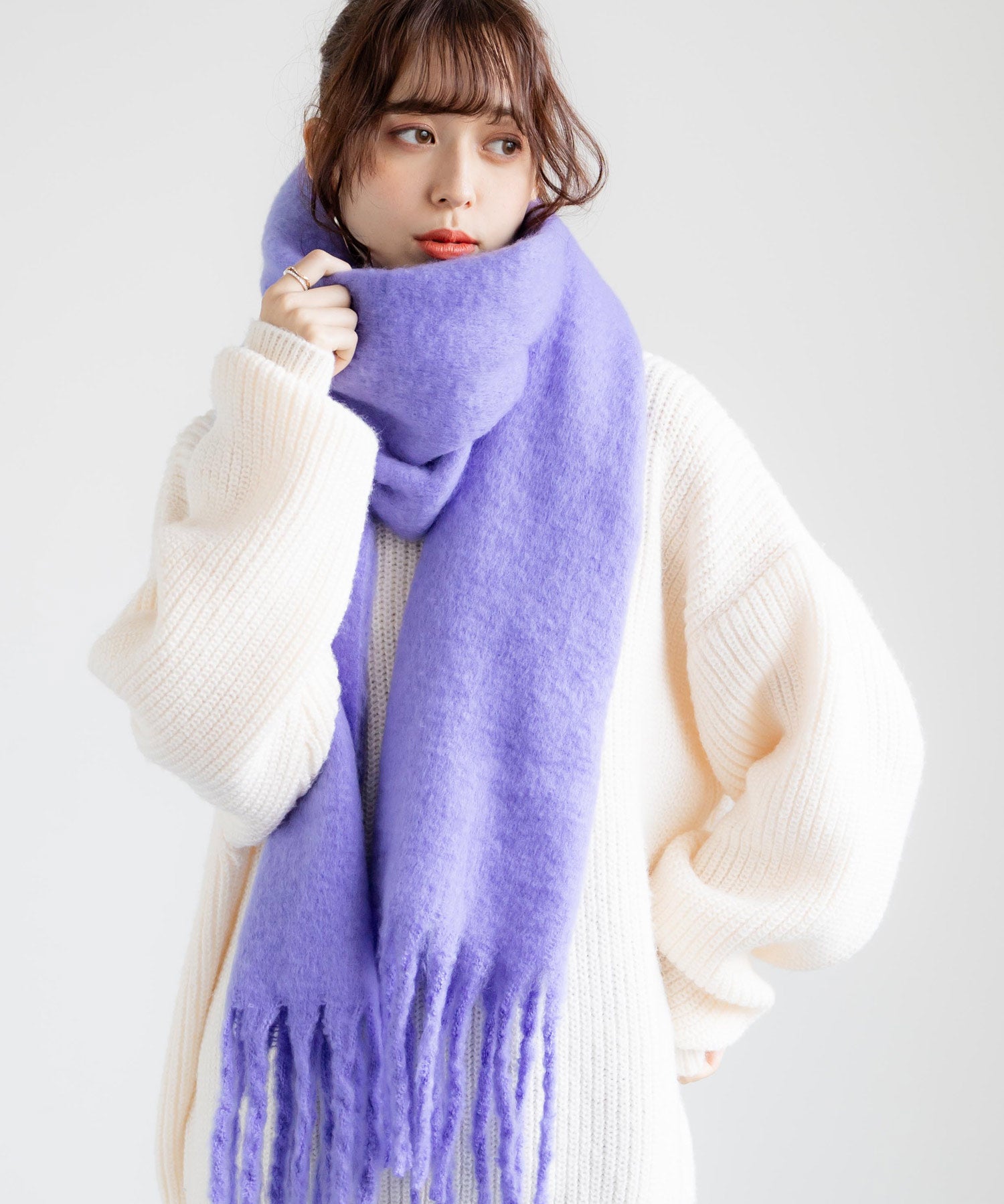 新色追加 モヘアタッチ ボリュームフリンジマフラー 無地/チェック	12999