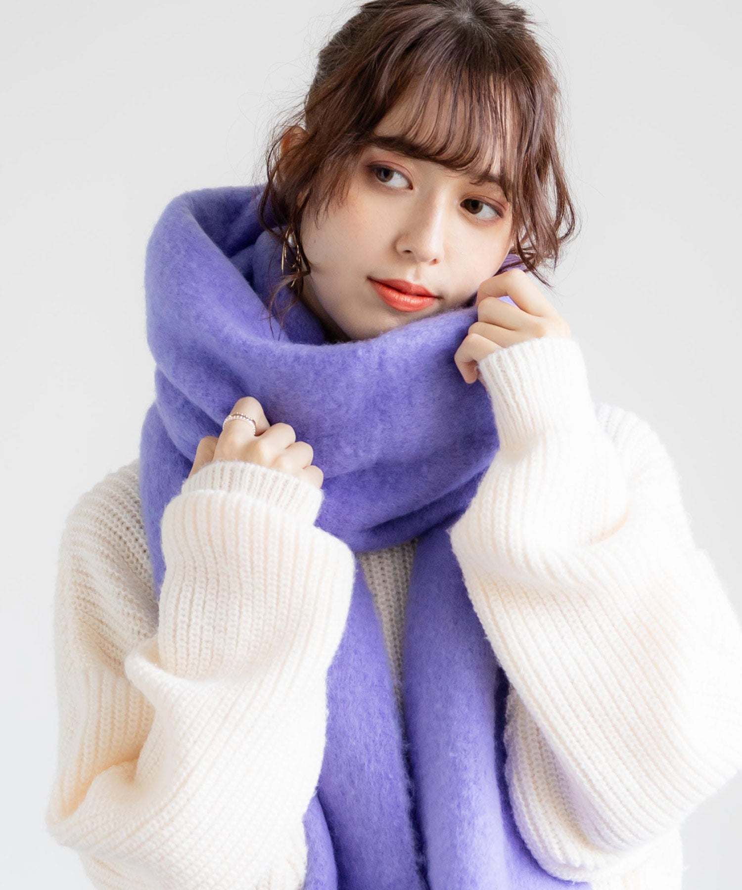 新色追加 モヘアタッチ ボリュームフリンジマフラー 無地/チェック