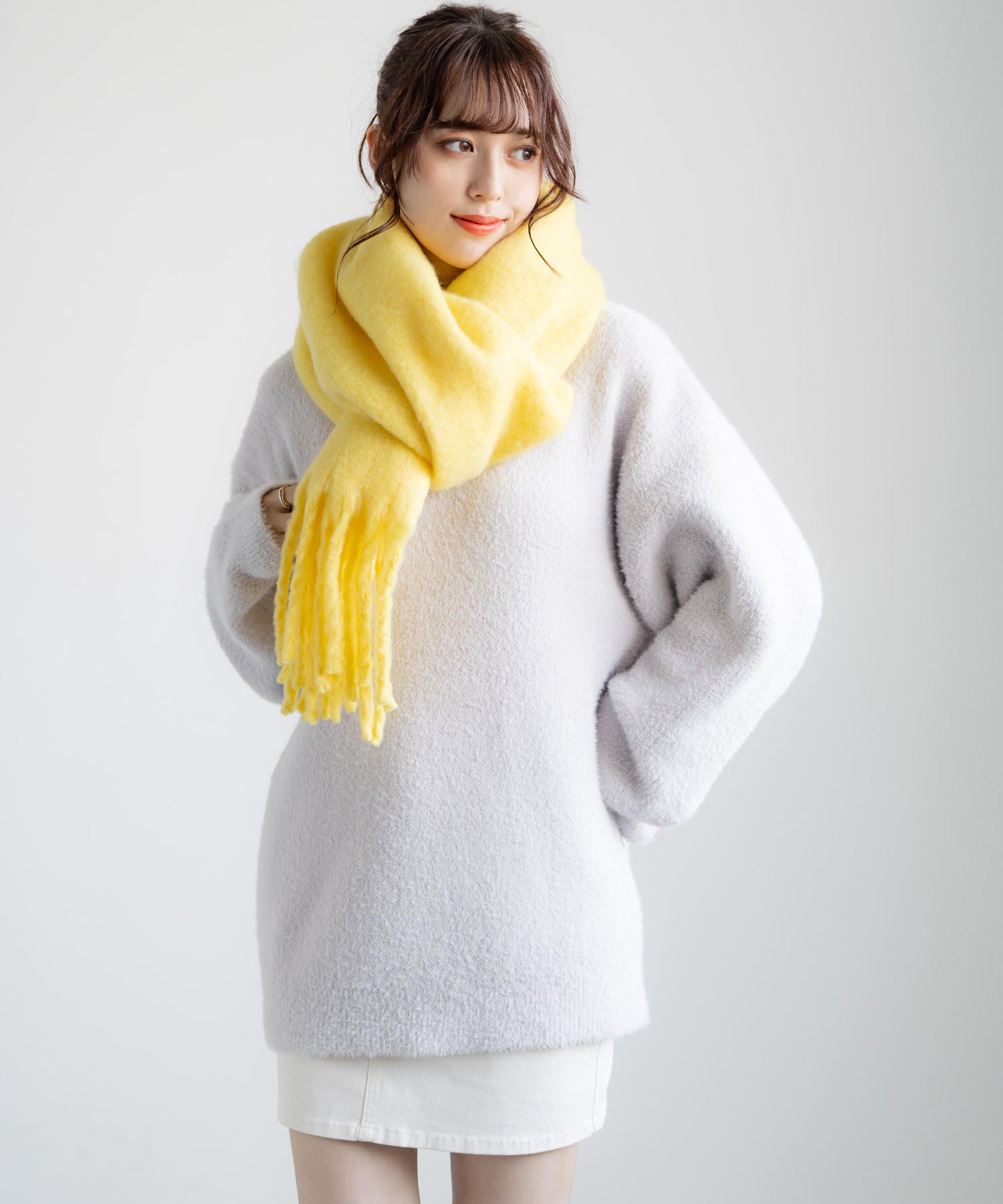 新色追加 モヘアタッチ ボリュームフリンジマフラー 無地/チェック