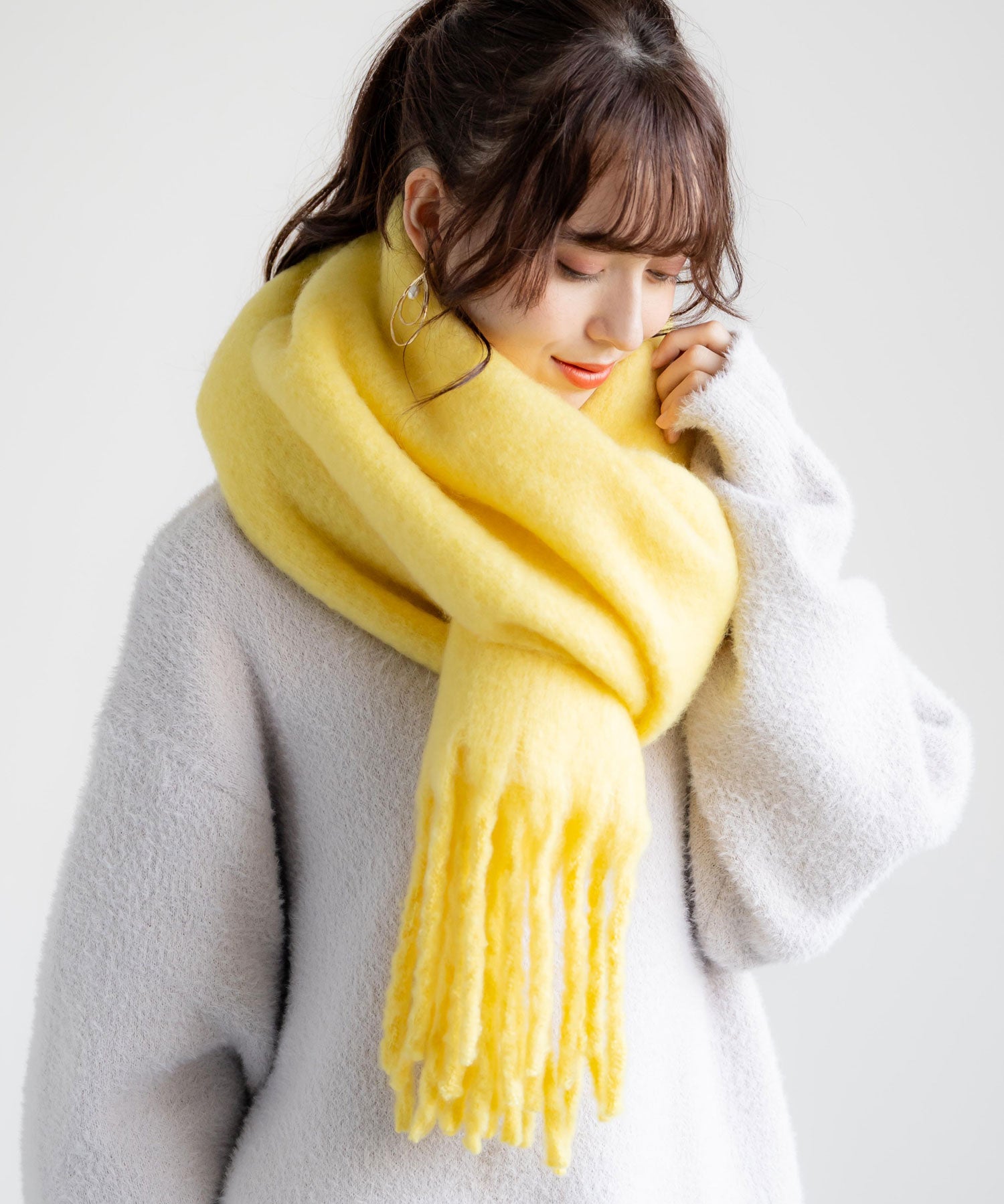 新色追加 モヘアタッチ ボリュームフリンジマフラー 無地/チェック	12999