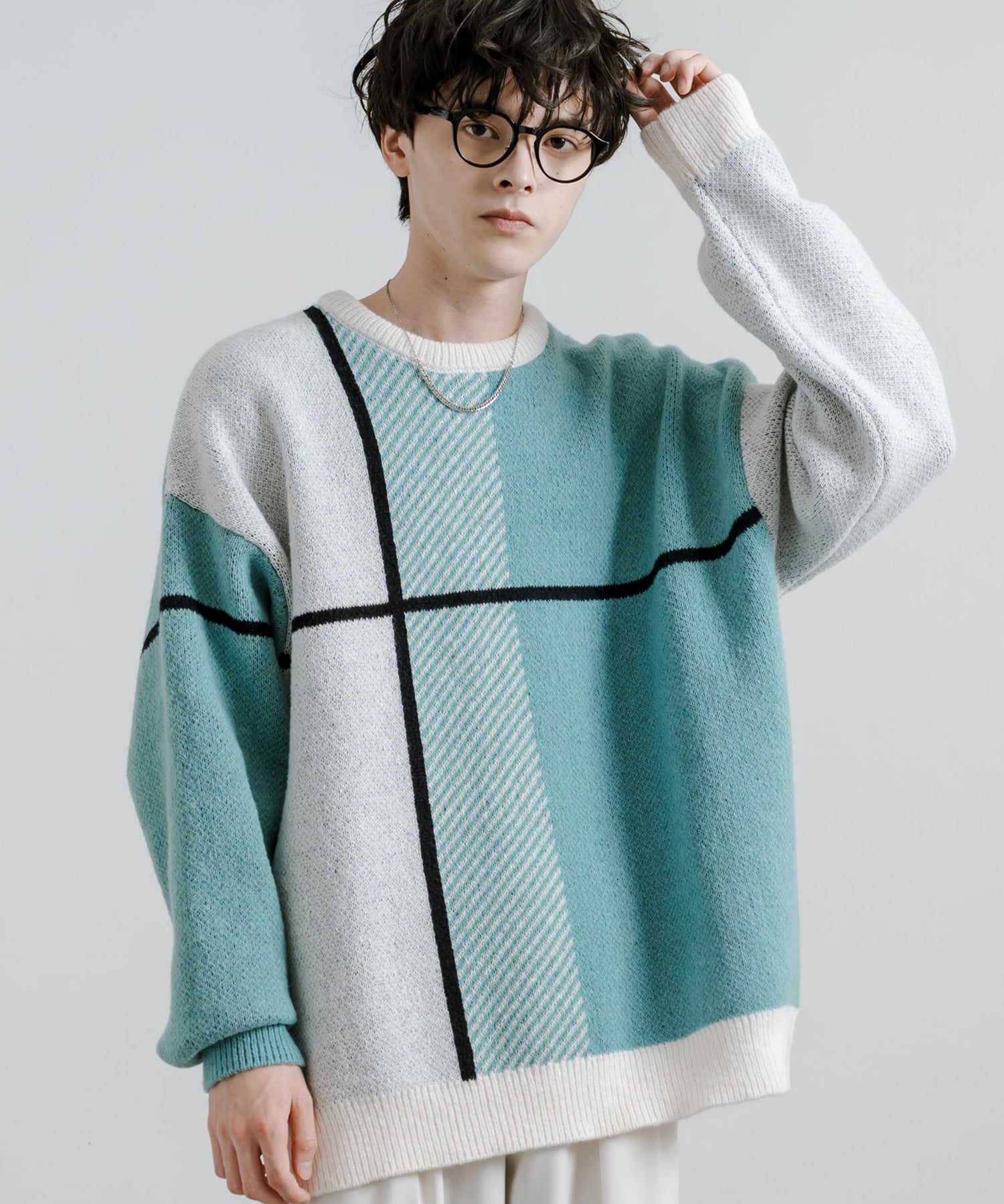 新色追加 オーバーサイズ クロスチェック柄クルーニット　14052