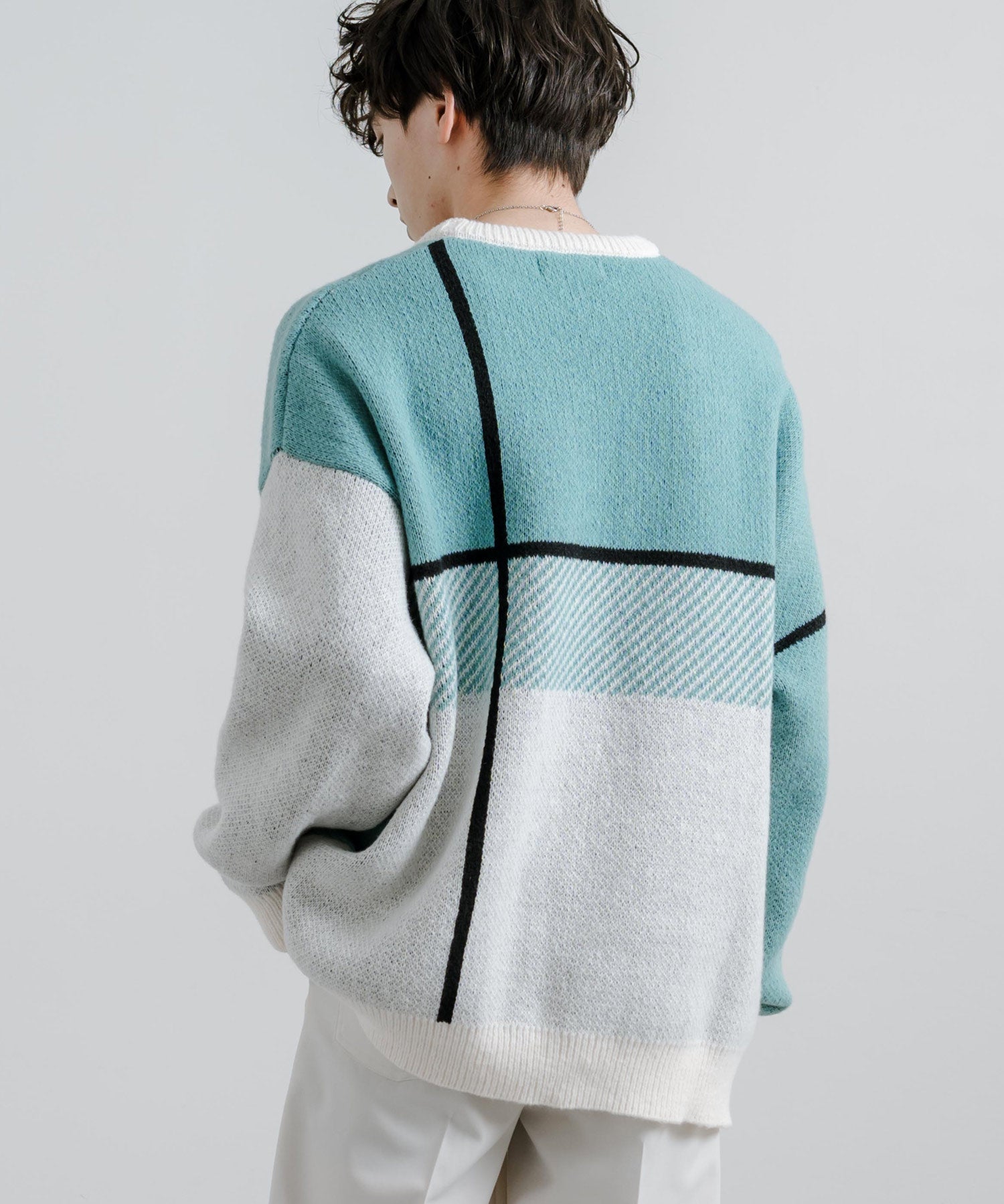 新色追加 オーバーサイズ クロスチェック柄クルーニット　14052