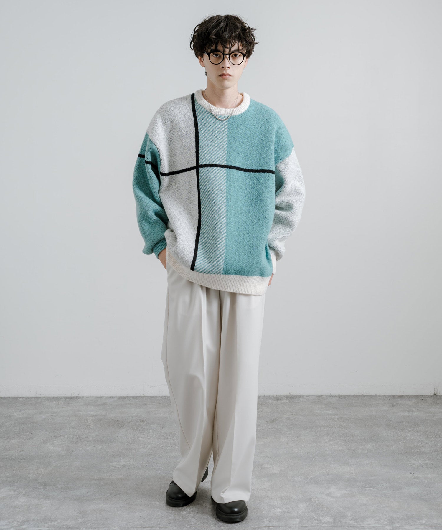 新色追加 オーバーサイズ クロスチェック柄クルーニット　14052