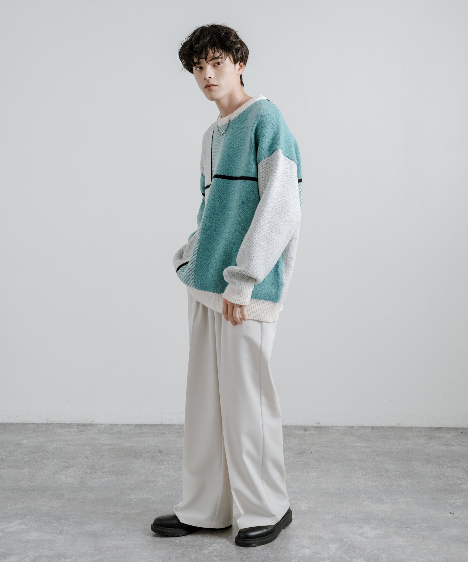 新色追加 オーバーサイズ クロスチェック柄クルーニット　14052