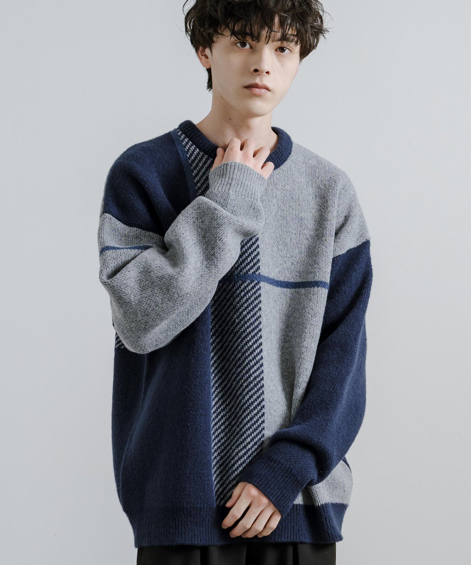 新色追加 オーバーサイズ クロスチェック柄クルーニット　14052