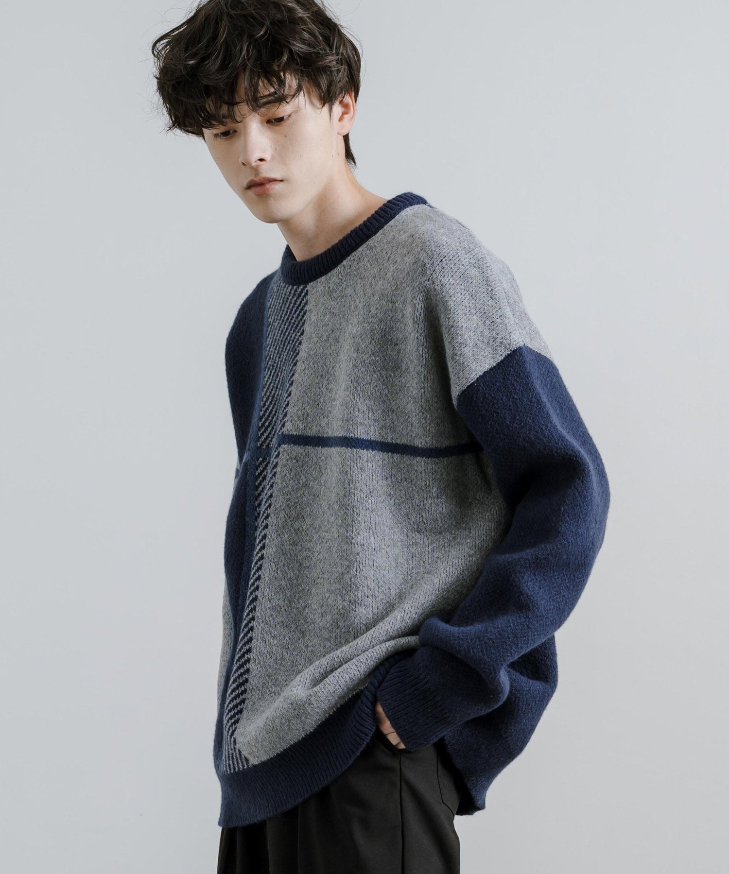 新色追加 オーバーサイズ クロスチェック柄クルーニット　14052