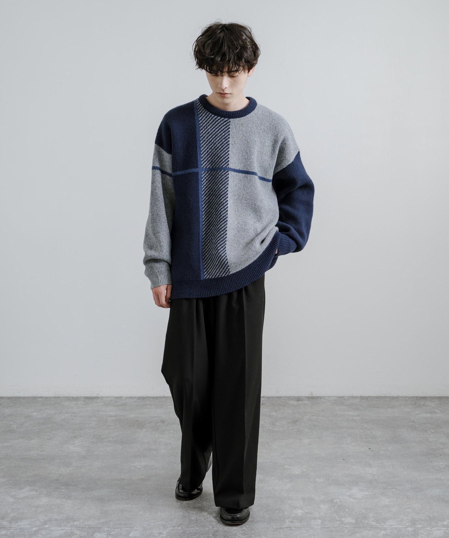 新色追加 オーバーサイズ クロスチェック柄クルーニット　14052