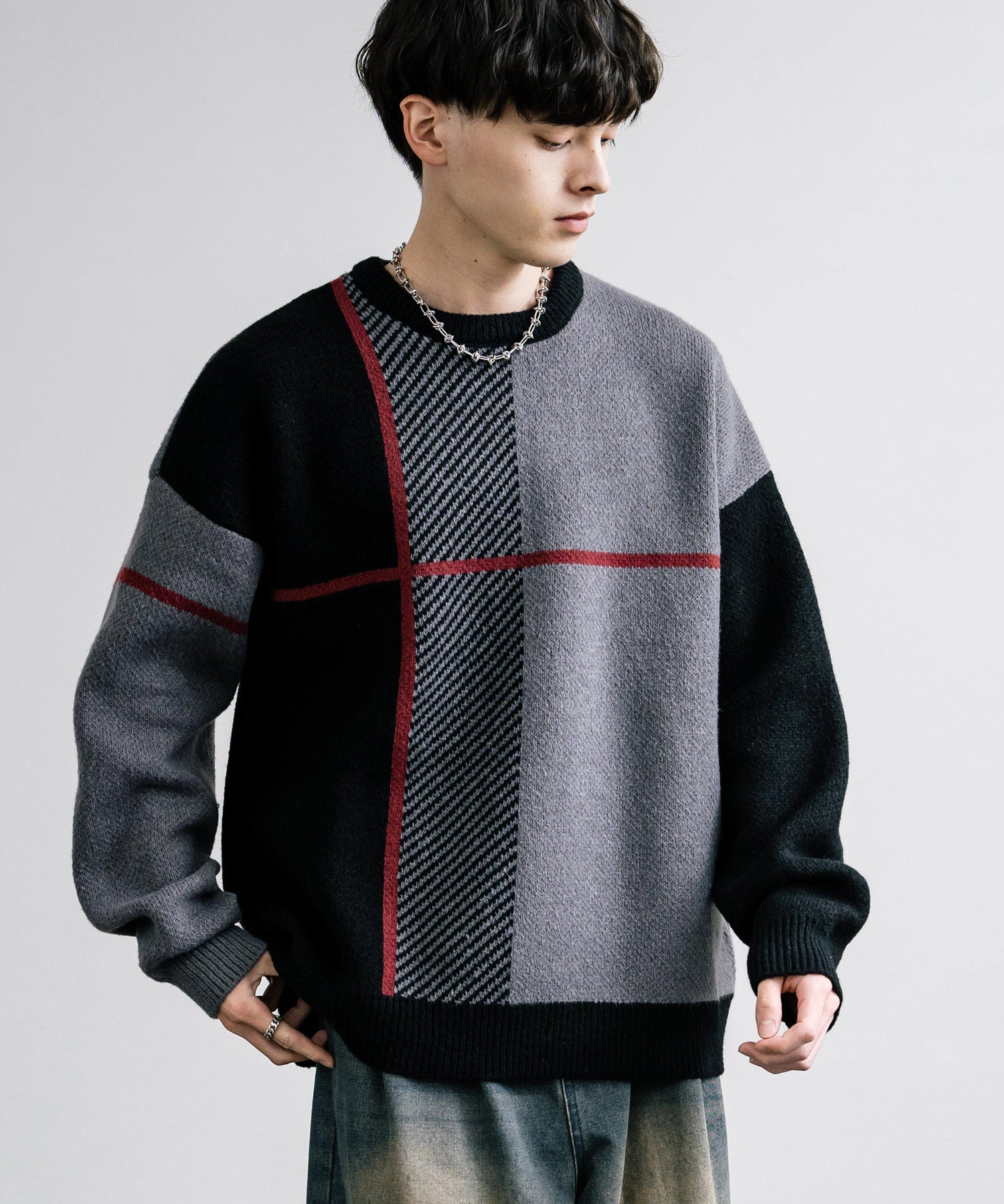 新色追加 オーバーサイズ クロスチェック柄クルーニット　14052