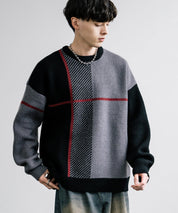 新色追加 オーバーサイズ クロスチェック柄クルーニット　14052