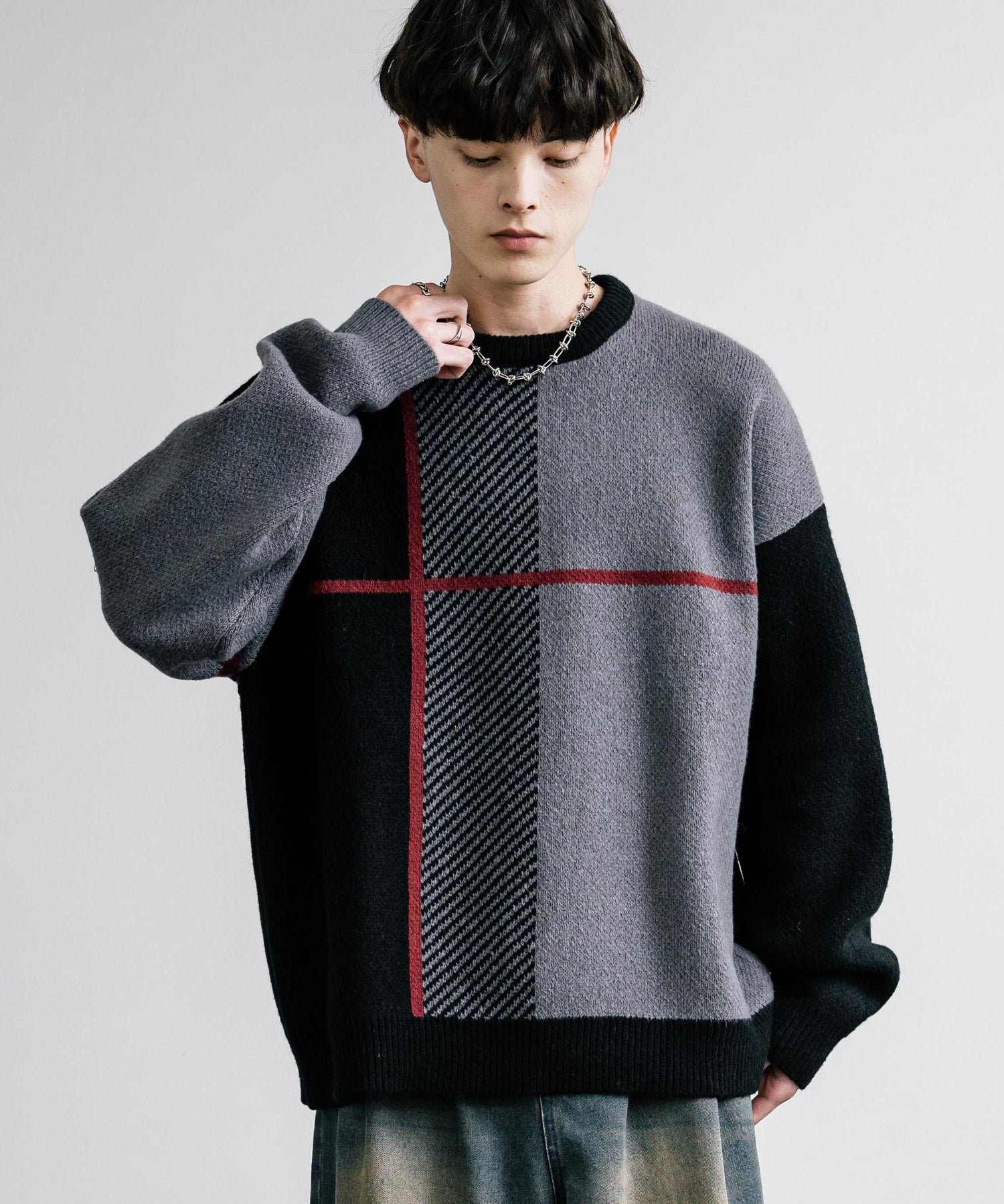 新色追加 オーバーサイズ クロスチェック柄クルーニット　14052