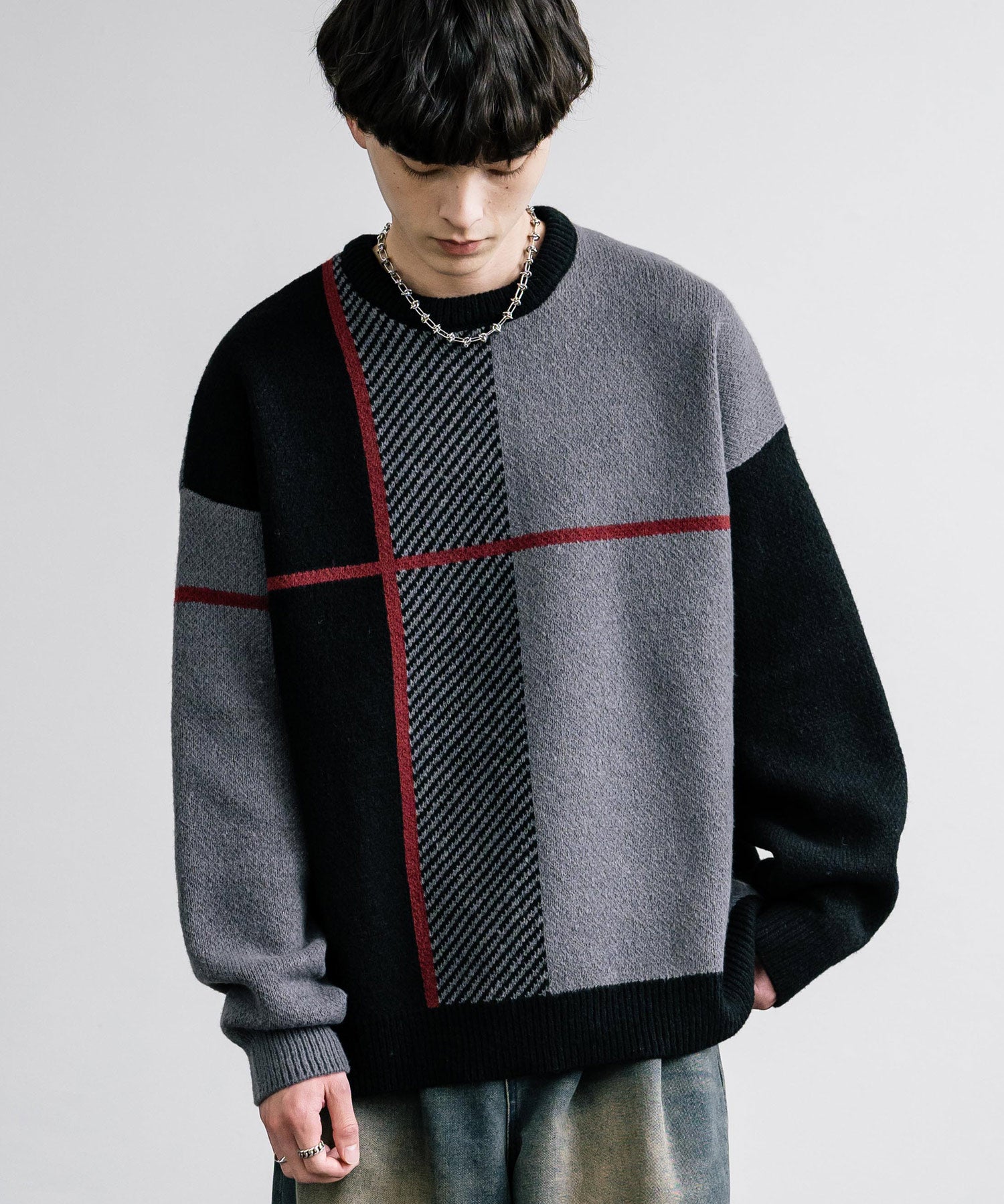 新色追加 オーバーサイズ クロスチェック柄クルーニット　14052