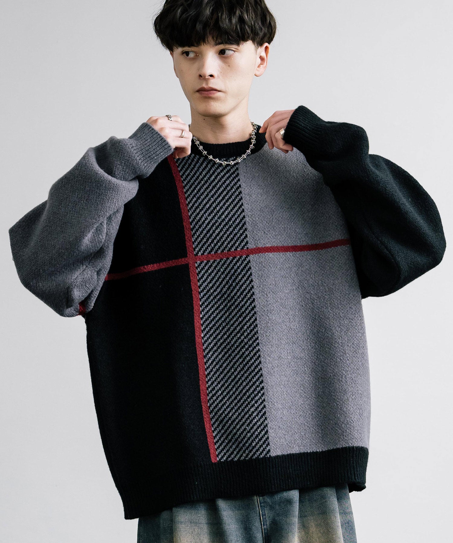 新色追加 オーバーサイズ クロスチェック柄クルーニット　14052