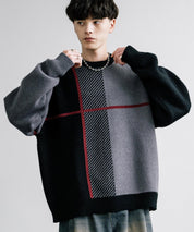 新色追加 オーバーサイズ クロスチェック柄クルーニット　14052