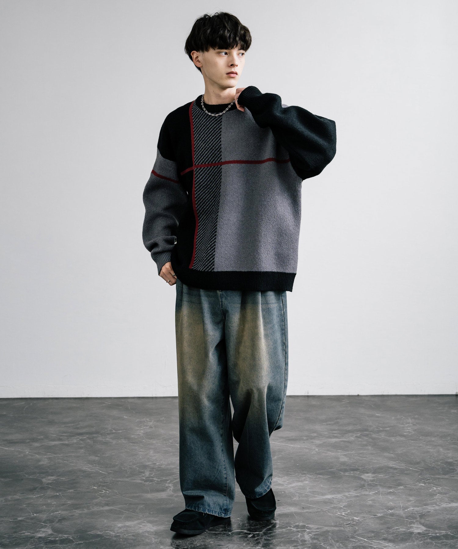 新色追加 オーバーサイズ クロスチェック柄クルーニット　14052